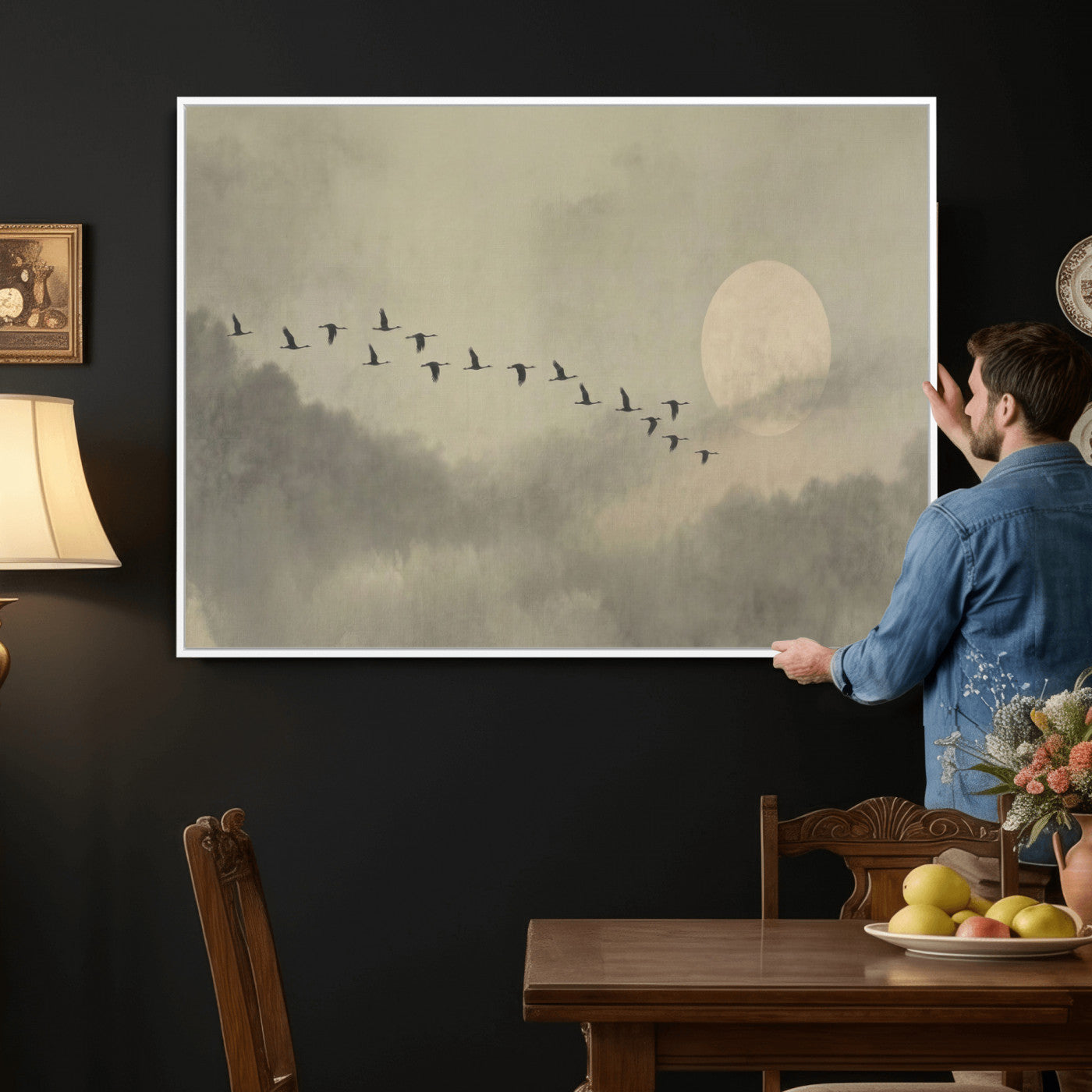 12098149-MGV-CV-36X24 - Flock of Birds Flying to Full Moon Wall Art Canvas Print - Vintage Surreal Clouds Painting