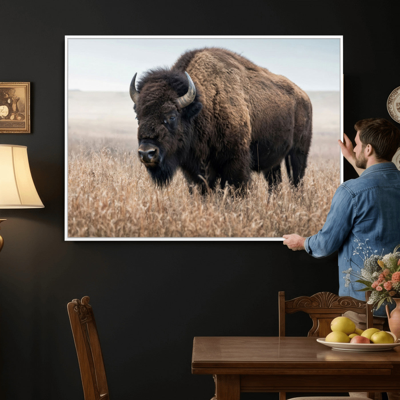 81029583-MGV-CV-36X24 - American Bison in Prairie Field Wall Art Canvas Print - Rustic Wildlife Photography
