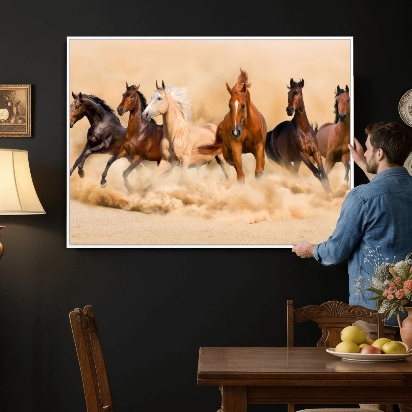 90610949-MGV-CV-36X24 - Herd of Six Wild Horses Galloping in Dust Storm Wall Art Canvas Print - Majestic Wildlife Decor
