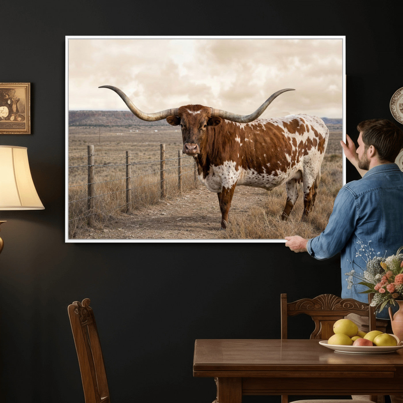 22808364-MGV-CV-36X24 - Texas Longhorn Cattle in Desert Pasture Wall Art Canvas Print - Rustic Western Decor