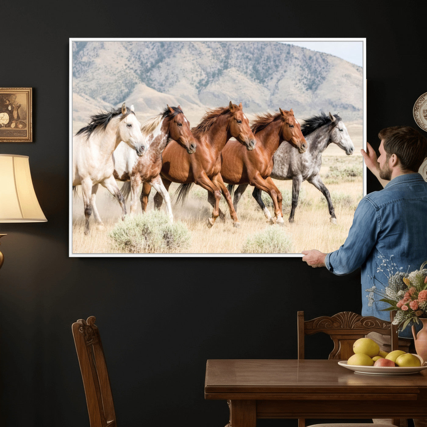 68345893-MGV-CV-36X24 - Five Mustangs Running Wild in Mountain Valley Wall Art Canvas Print - Rustic Western Decor