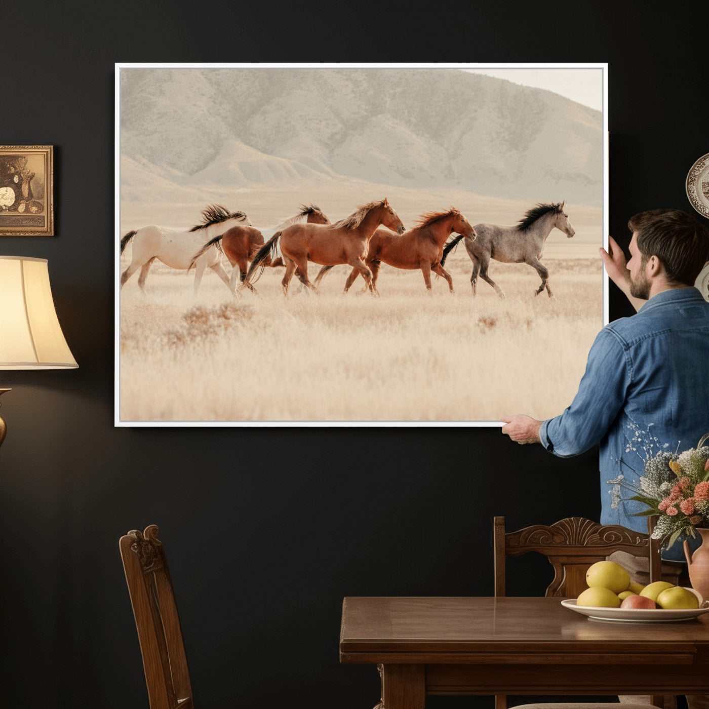 43348446-MGV-CV-36X24 - Herd of Wild Horses Running in Desert Mountain Wall Art Canvas Print - Boho Western Landscape