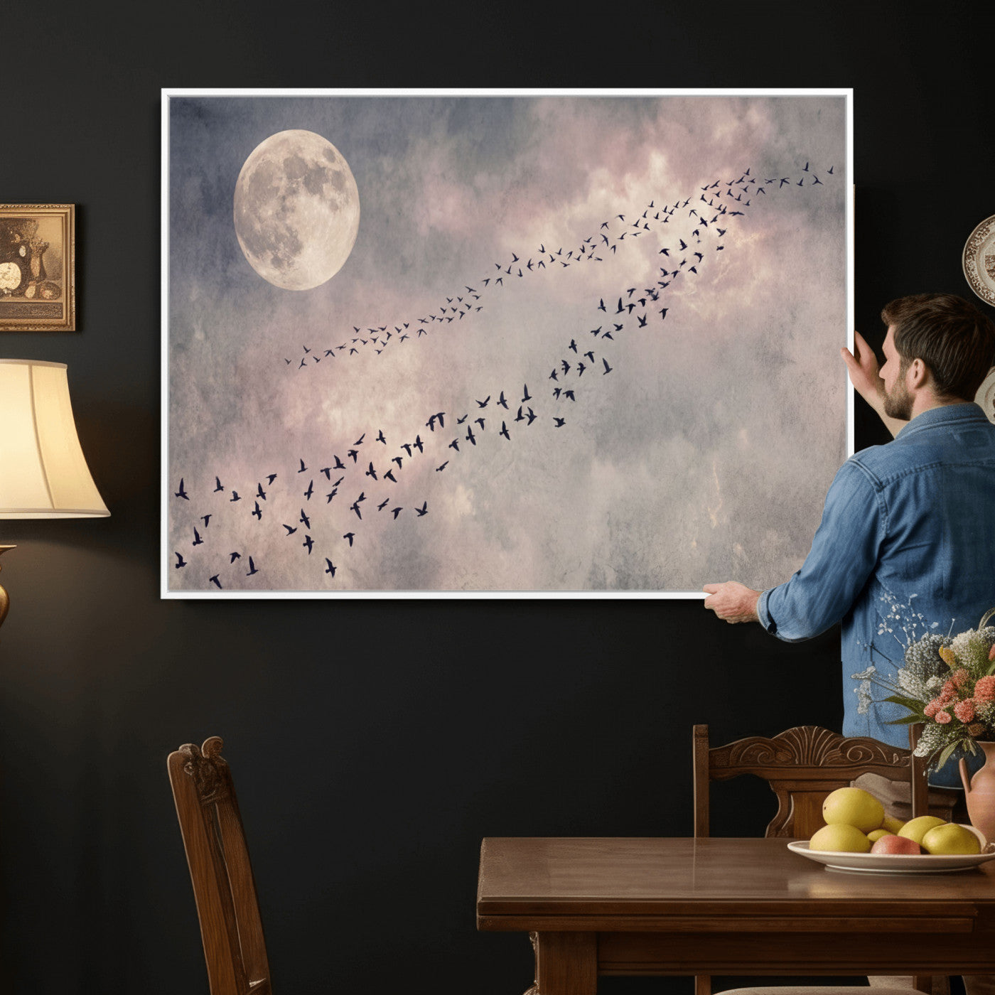 52339590-MGV-CV-36X24 - Birds Flying to Moon Wall Art Canvas Print - Vintage Surreal Night Sky Sky Print