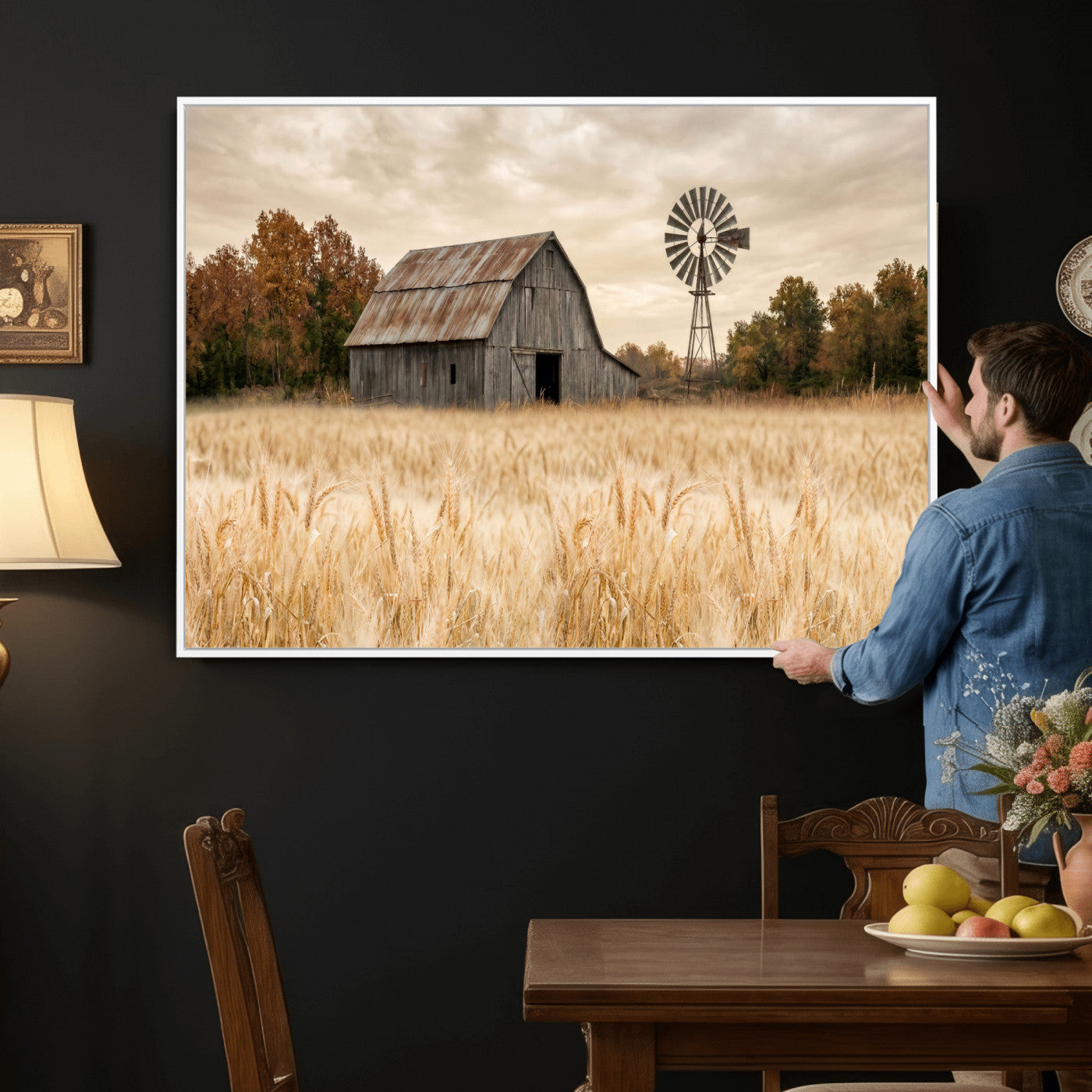 99640659-MGV-CV-36X24 - Rustic Farmhouse Barn and Windmill Wall Art Canvas Print, Country Landscape Photography Print