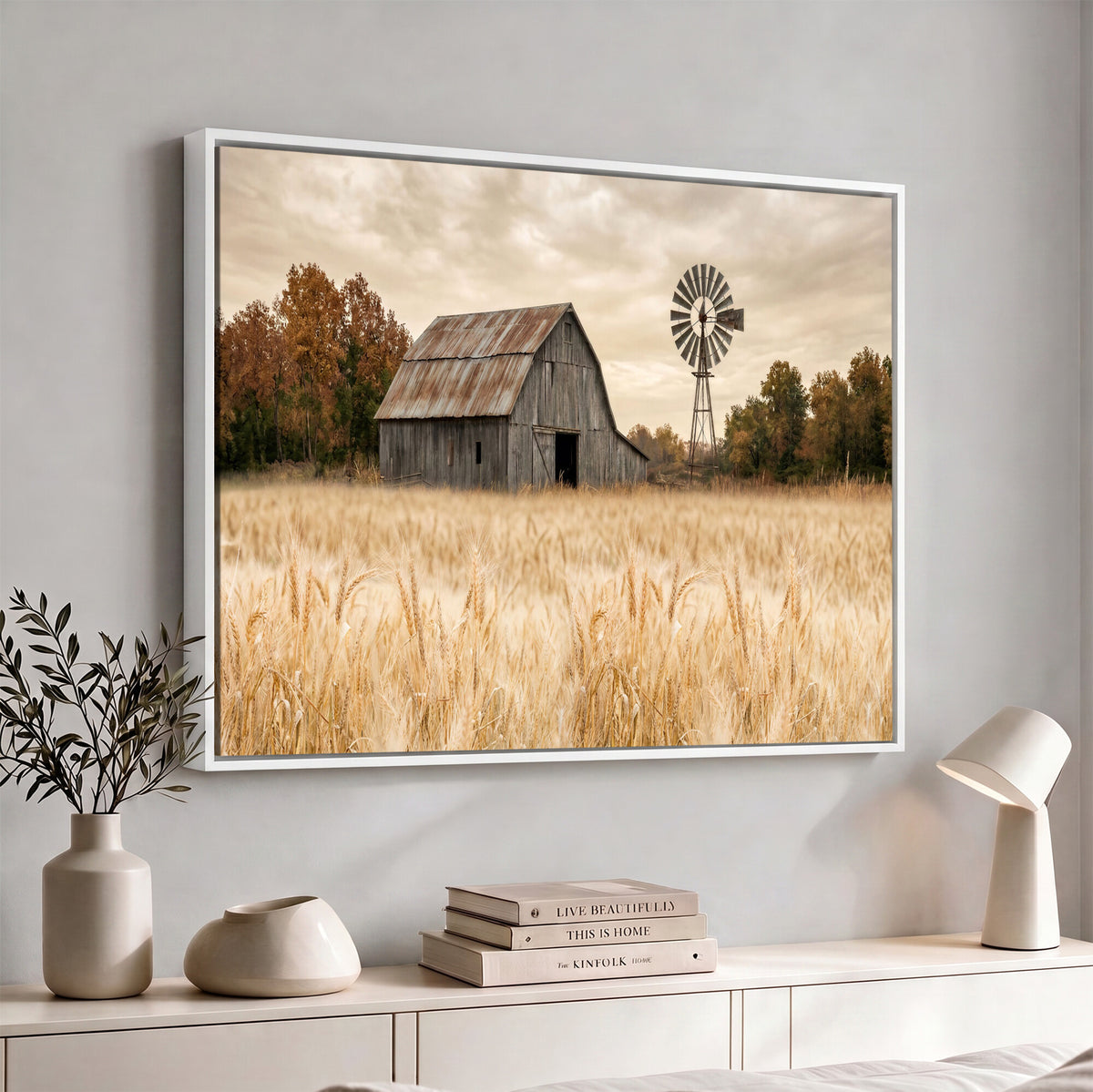 99640659-MGV-CV-36X24 - Rustic Farmhouse Barn and Windmill Wall Art Canvas Print, Country Landscape Photography Print