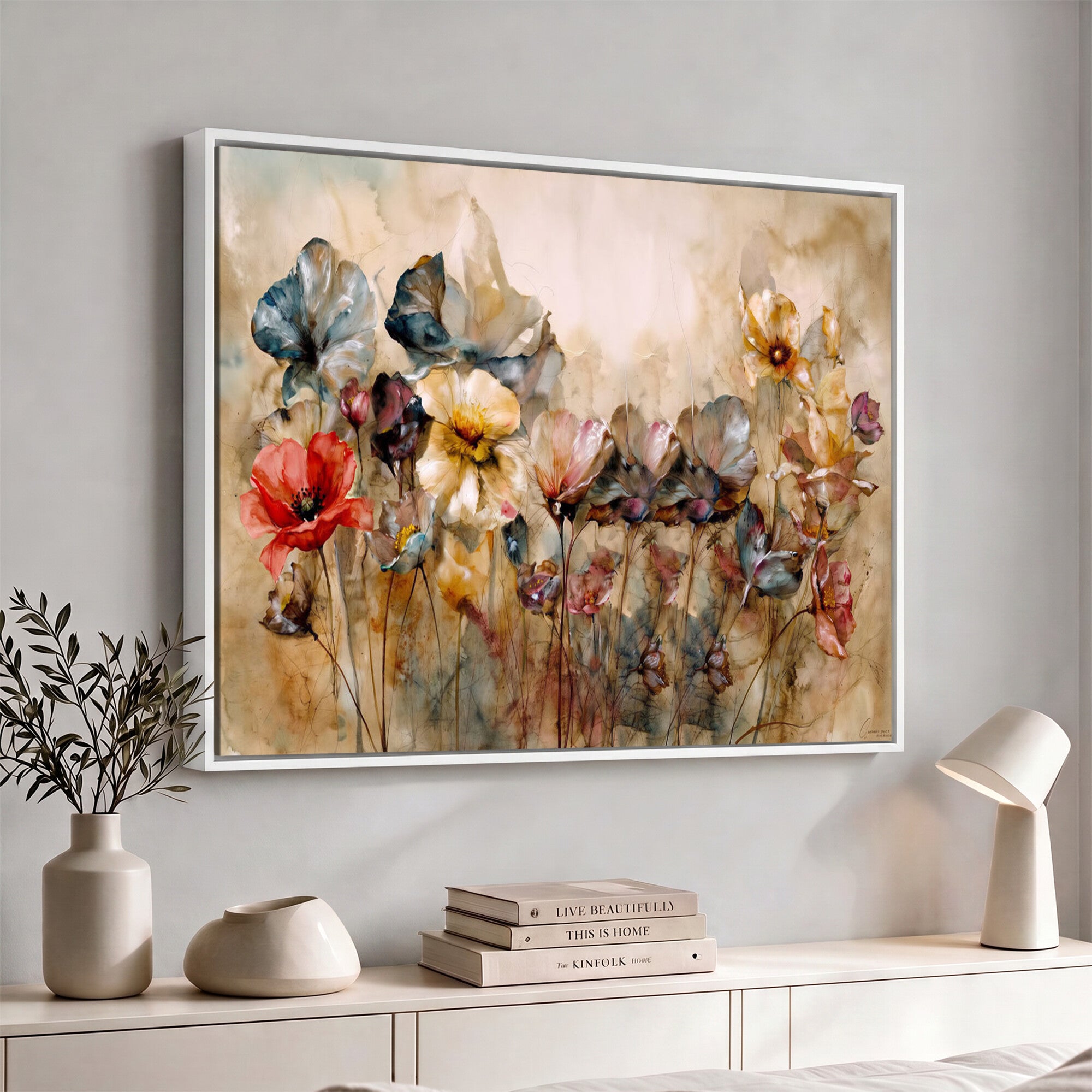11407233-MGV-CV-36X24 - Vintage Dried Floral Meadow Wall Art Canvas Print, Translucent Watercolor Flowers Painting Print