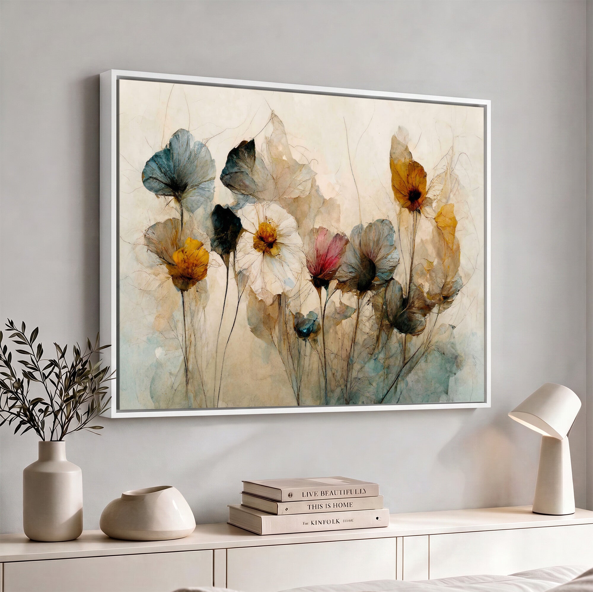 86802229-MGV-CV-36X24 - Vintage Dried Floral Meadow Wall Art Canvas Print, Translucent Watercolor Flowers Painting Print
