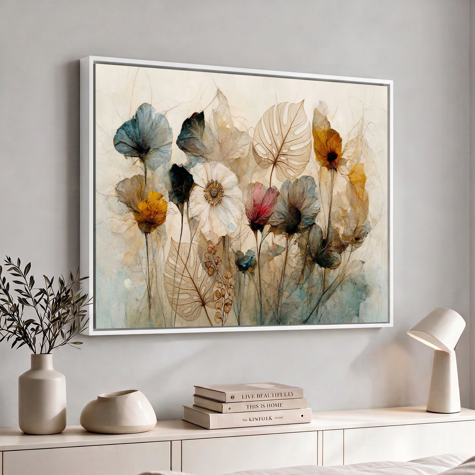 93171612-MGV-CV-36X24 - Vintage Dried Floral Meadow Wall Art Canvas Print, Translucent Watercolor Flowers Painting Print
