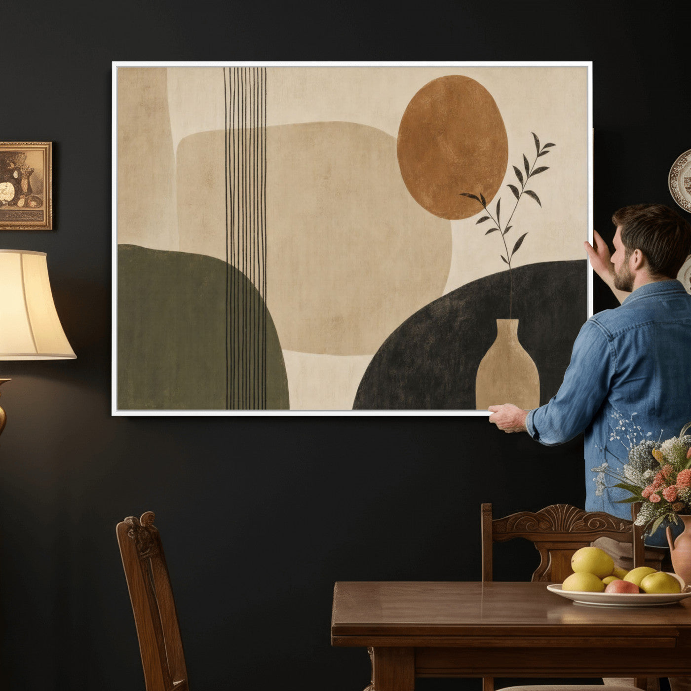 29113684-MGV-CV-36X24 - Japandi Minimalist Abstract Wall Art Canvas Print, Sage Green and Terracotta Sun Botanical Painting Print