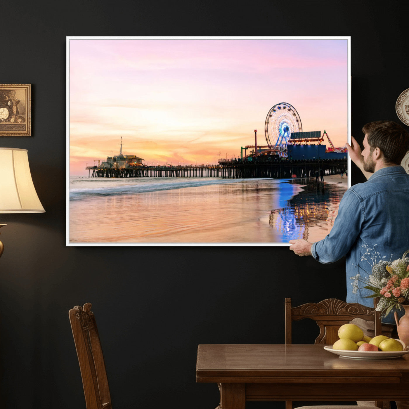 27381272-MGV-CV-36X24 - Santa Monica Pier Sunset Beach Wall Art Canvas Print, California Ferris Wheel Photo Print