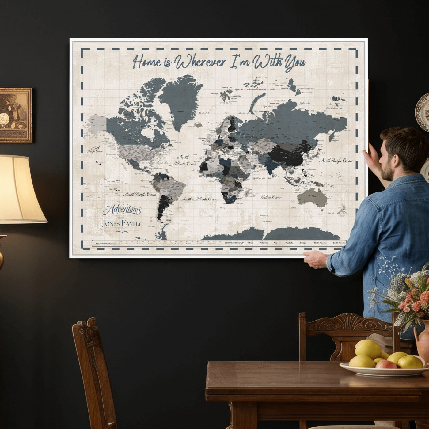 400867164-MGV-CV-36X24 - Framed Blue Custom Push Pin World Map Canvas Print – Personalized Travel Map Wall Art