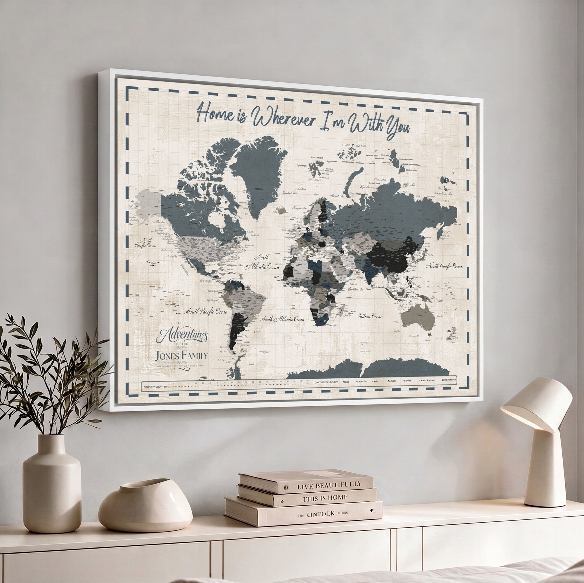 400867164-MGV-CV-36X24 - Framed Blue Custom Push Pin World Map Canvas Print – Personalized Travel Map Wall Art