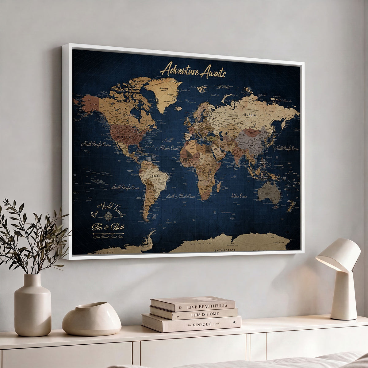 74477969-MGV-CV-36X24 - Custom Push Pin Travel Map Canvas Print, Family Travel Tracker, Study and Entryway Decor