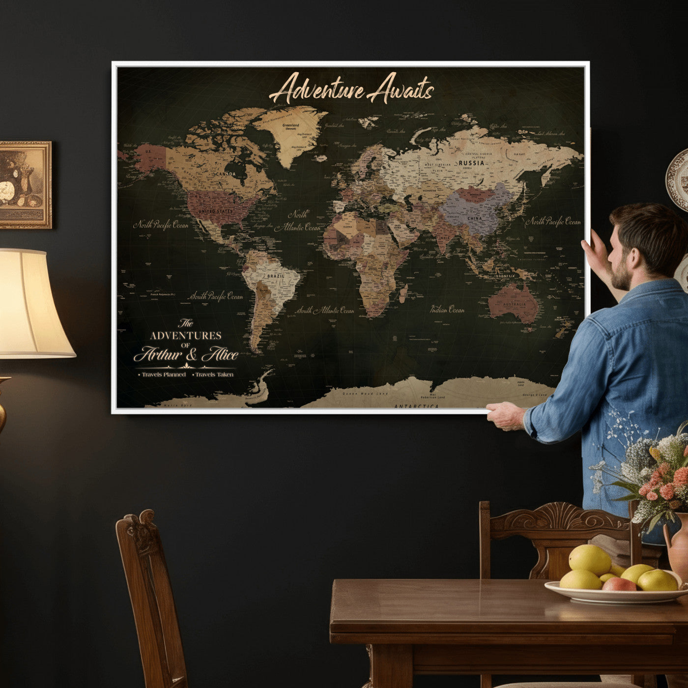 46935759-MGV-CV-36X24 - Custom Push Pin World Map Canvas | Personalized Travel Tracker | Wedding Anniversary Gift for Couples | Adventure Map Wall Art with Pins