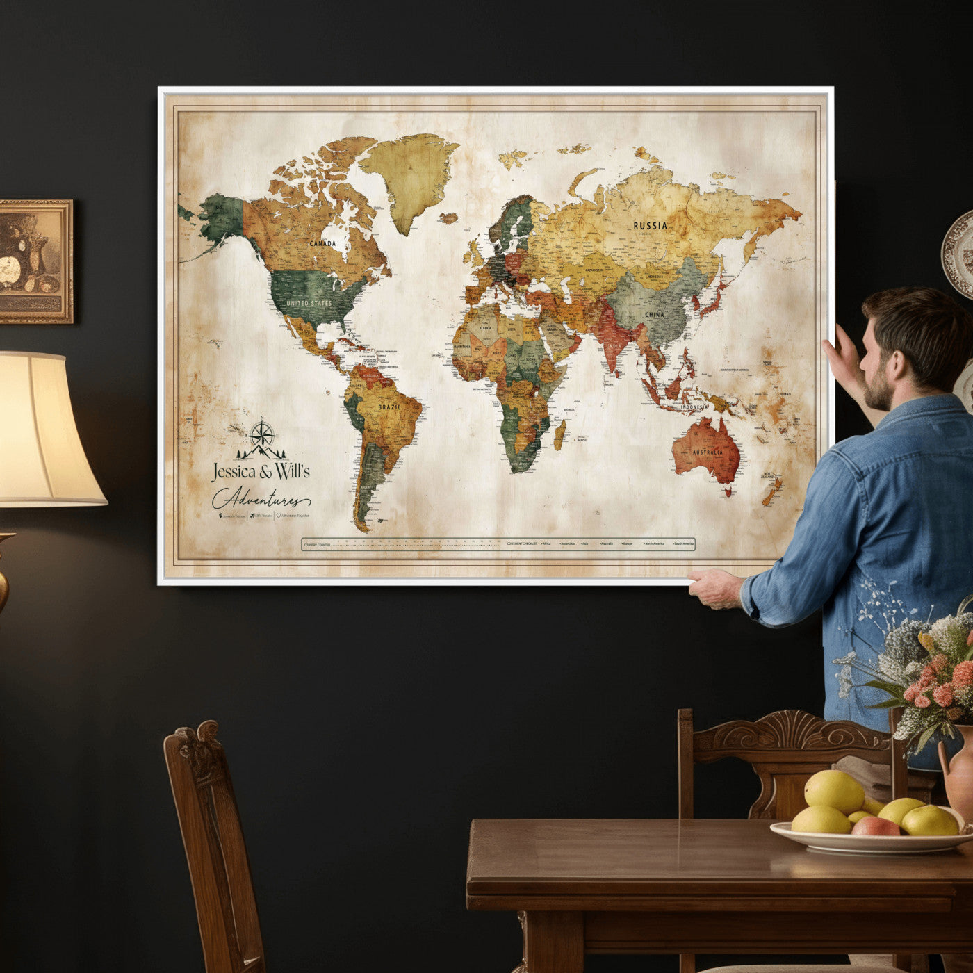 19542567-MGV-CV-36X24 - Custom Push Pin World Map Canvas | Personalized Travel Tracker | Wedding Anniversary Gift for Couples | Adventure Map Wall Art with Pins