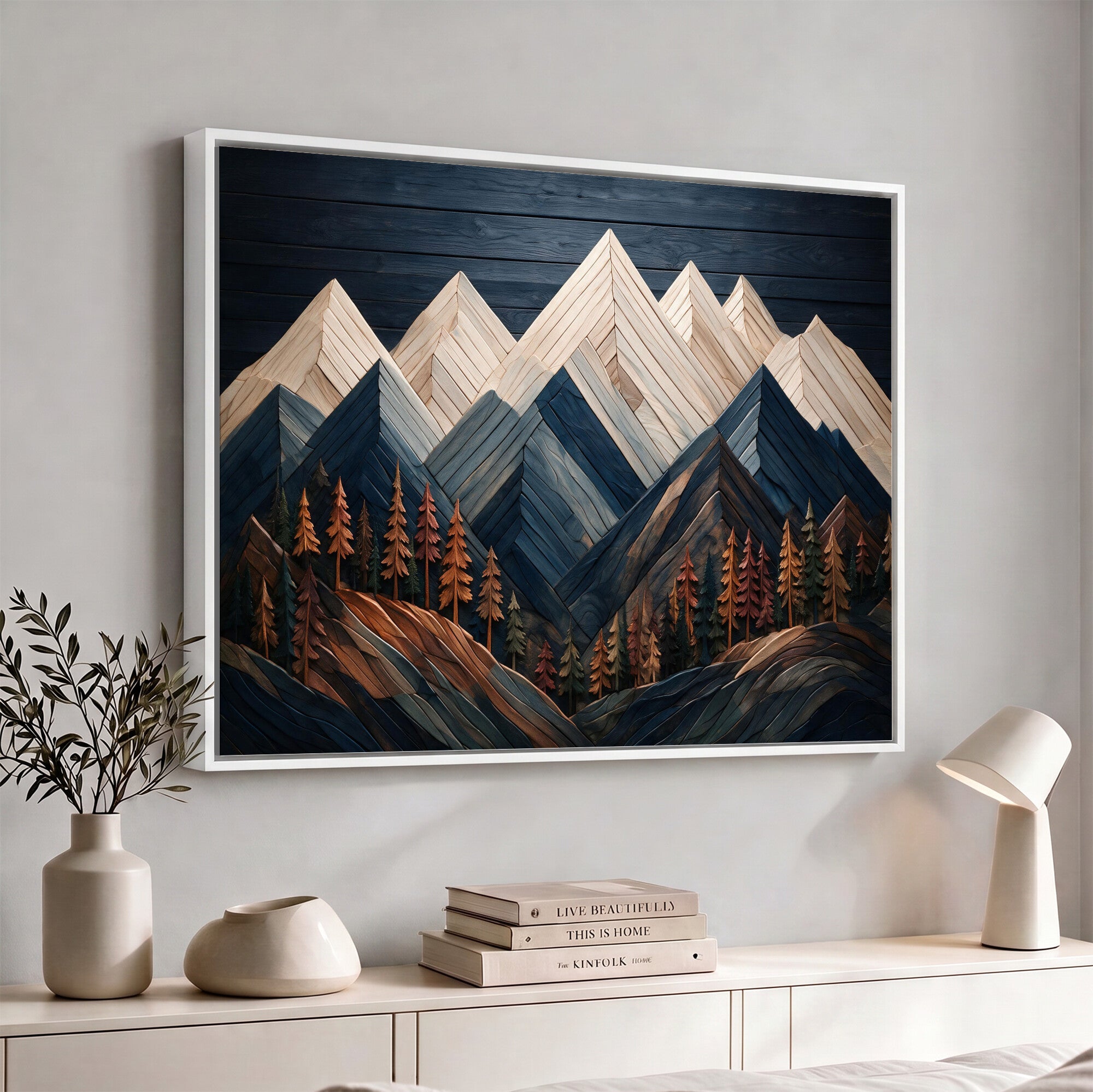 87765072-MGV-CV-36X24 - Geometric Wood Mountain Wall Art Canvas Print, 3D Look Rustic Mosaic Landscape Print