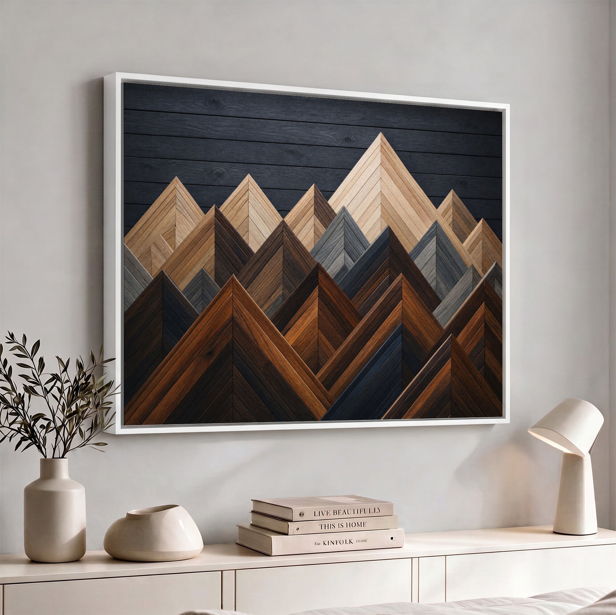 70531117-MGV-CV-36X24 - Geometric Wood Mountain Wall Art Canvas Print, 3D Look Rustic Mosaic Landscape Print