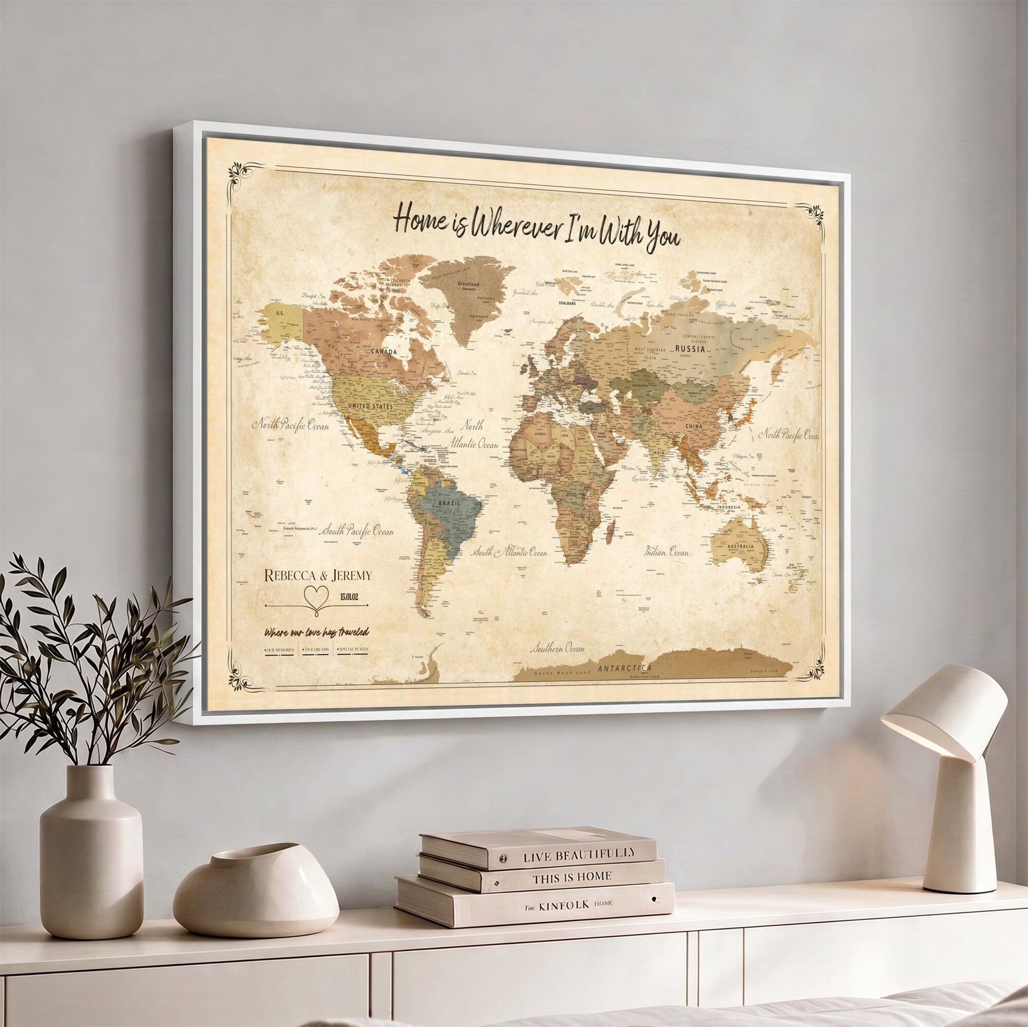 40086165SP-MGV-CV-36X24 - Custom Push Pin Travel Map Canvas Print, Cream Personalized Travel Tracker Map, Anniversary Gift, Vintage World Map Wall Art