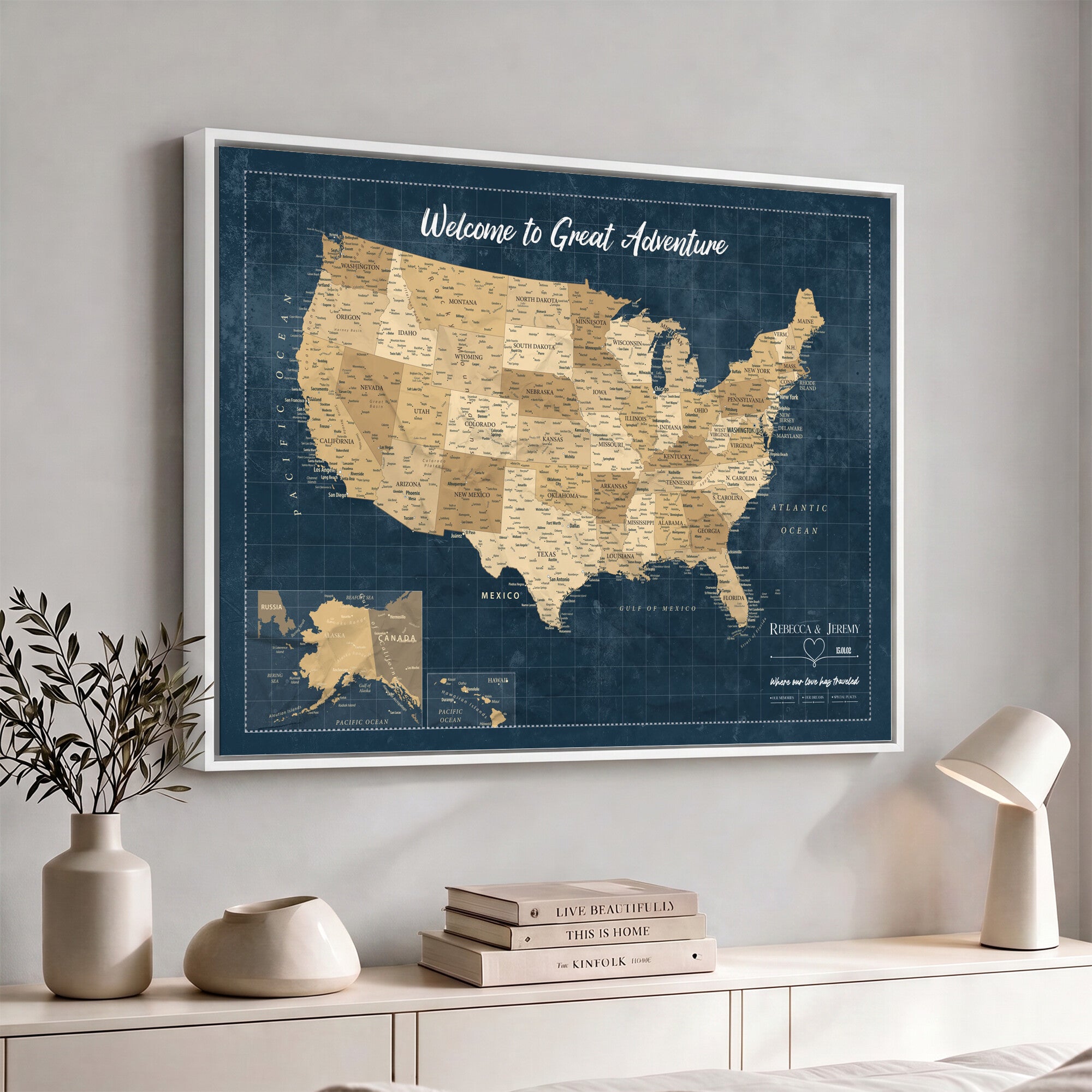 58851035-MGV-CV-36X24 - Custom Push Pin Travel USA Map Canvas Print, Cream Personalized Travel Tracker America Map, Anniversary Traveler Gift