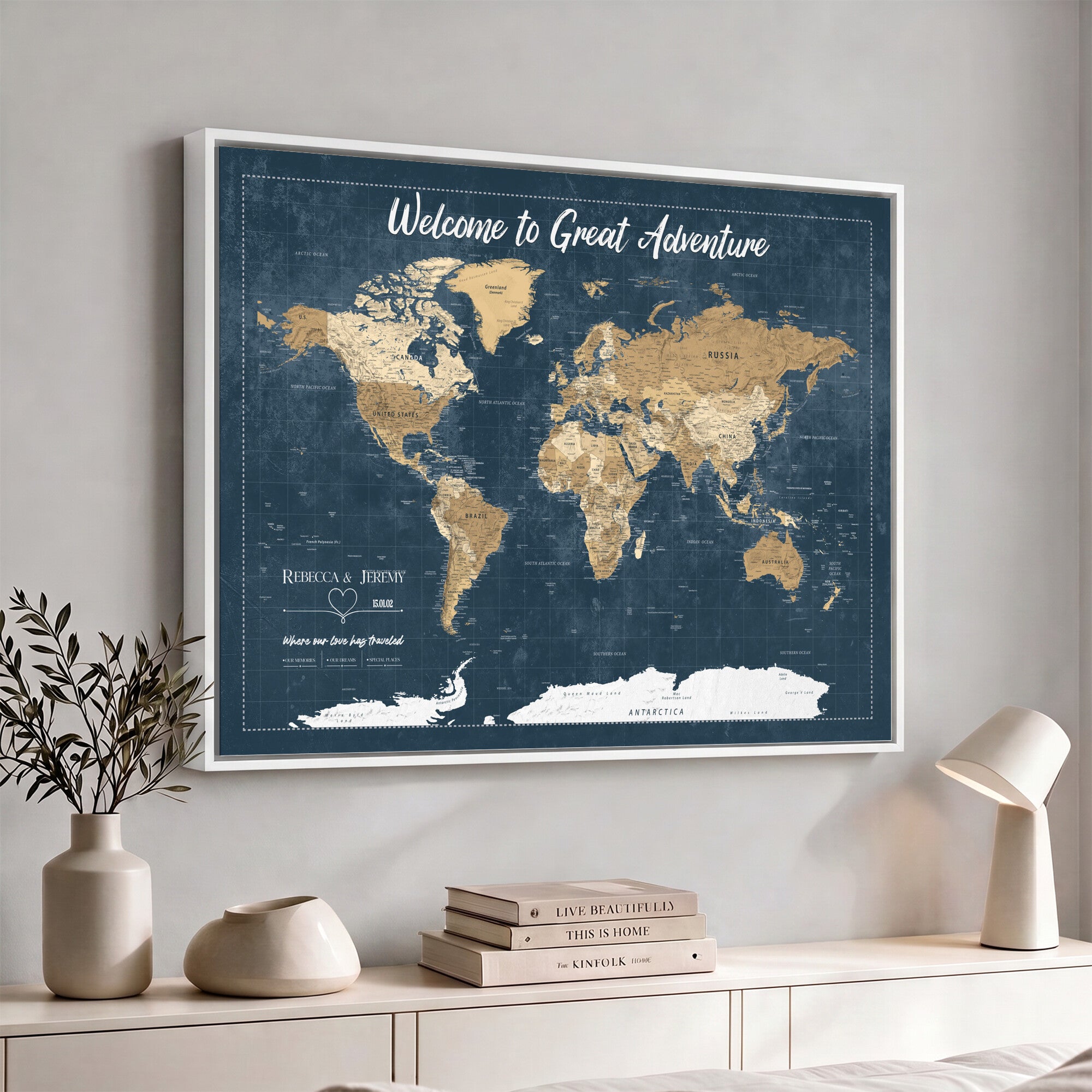 57167164-MGV-CV-36X24 - Custom Push Pin Travel Map Canvas Print, Cream Personalized Travel Tracker Map, Anniversary Gift, Vintage World Map Wall Art