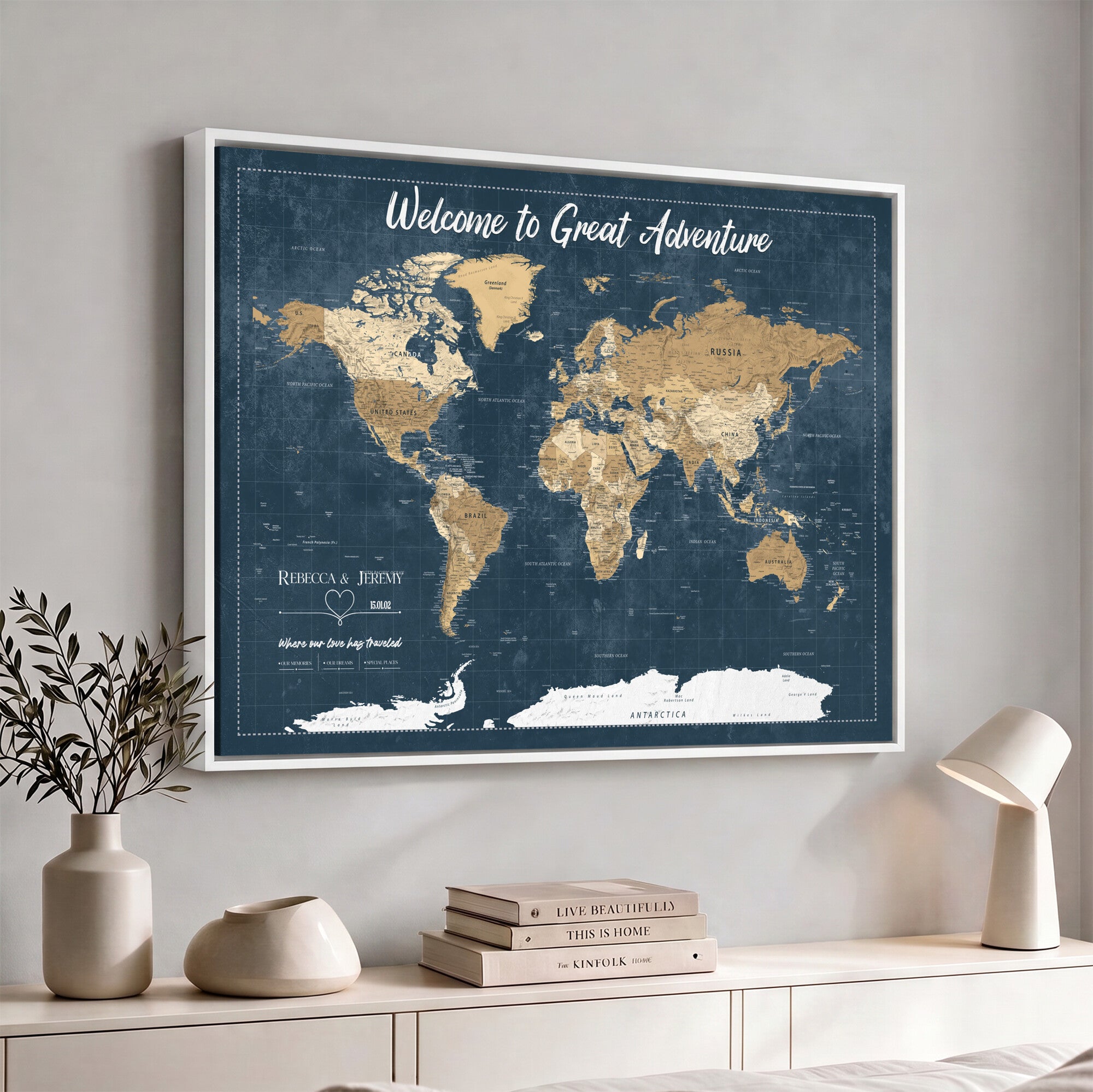 57167164-MGV-CV-36X24 - Custom Push Pin Travel Map Canvas Print, Cream Personalized Travel Tracker Map, Anniversary Gift, Vintage World Map Wall Art