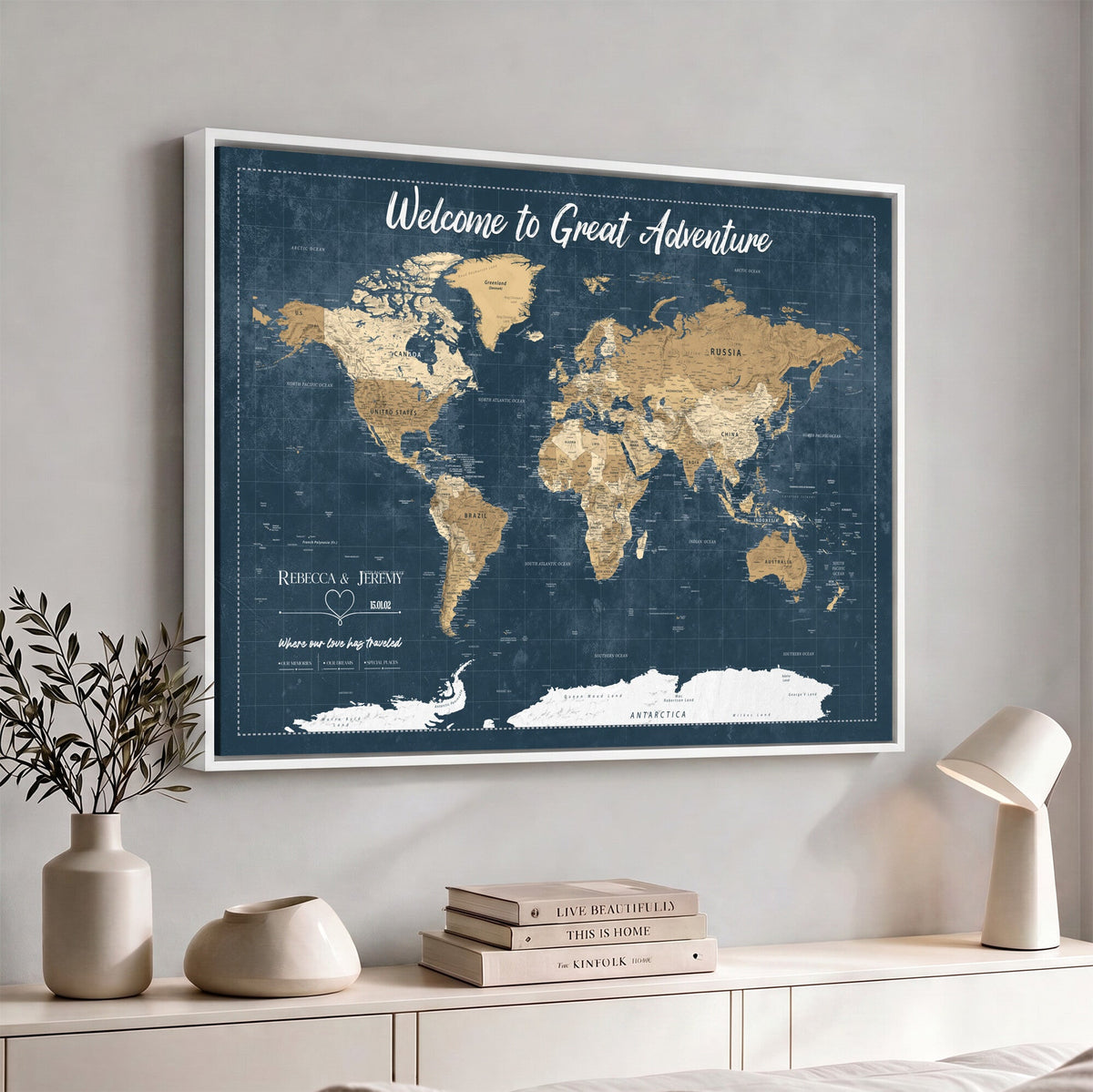 57167164-MGV-CV-36X24 - Custom Push Pin Travel Map Canvas Print, Cream Personalized Travel Tracker Map, Anniversary Gift, Vintage World Map Wall Art