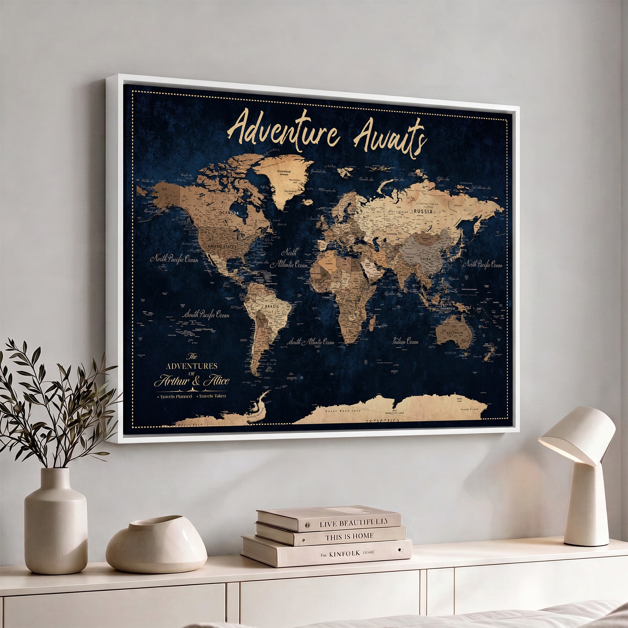 57167164-MGV-CV-36X24 - Custom Push Pin Travel Map Canvas Print, Navy Blue Personalized Travel Tracker Map, Anniversary Gift, Vintage World Map Wall Art
