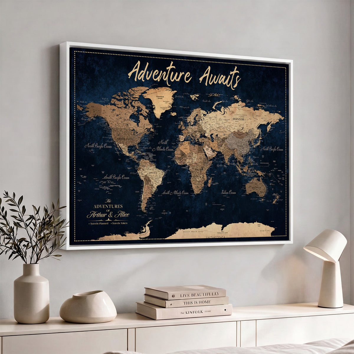 57167164-MGV-CV-36X24 - Custom Push Pin Travel Map Canvas Print, Navy Blue Personalized Travel Tracker Map, Anniversary Gift, Vintage World Map Wall Art