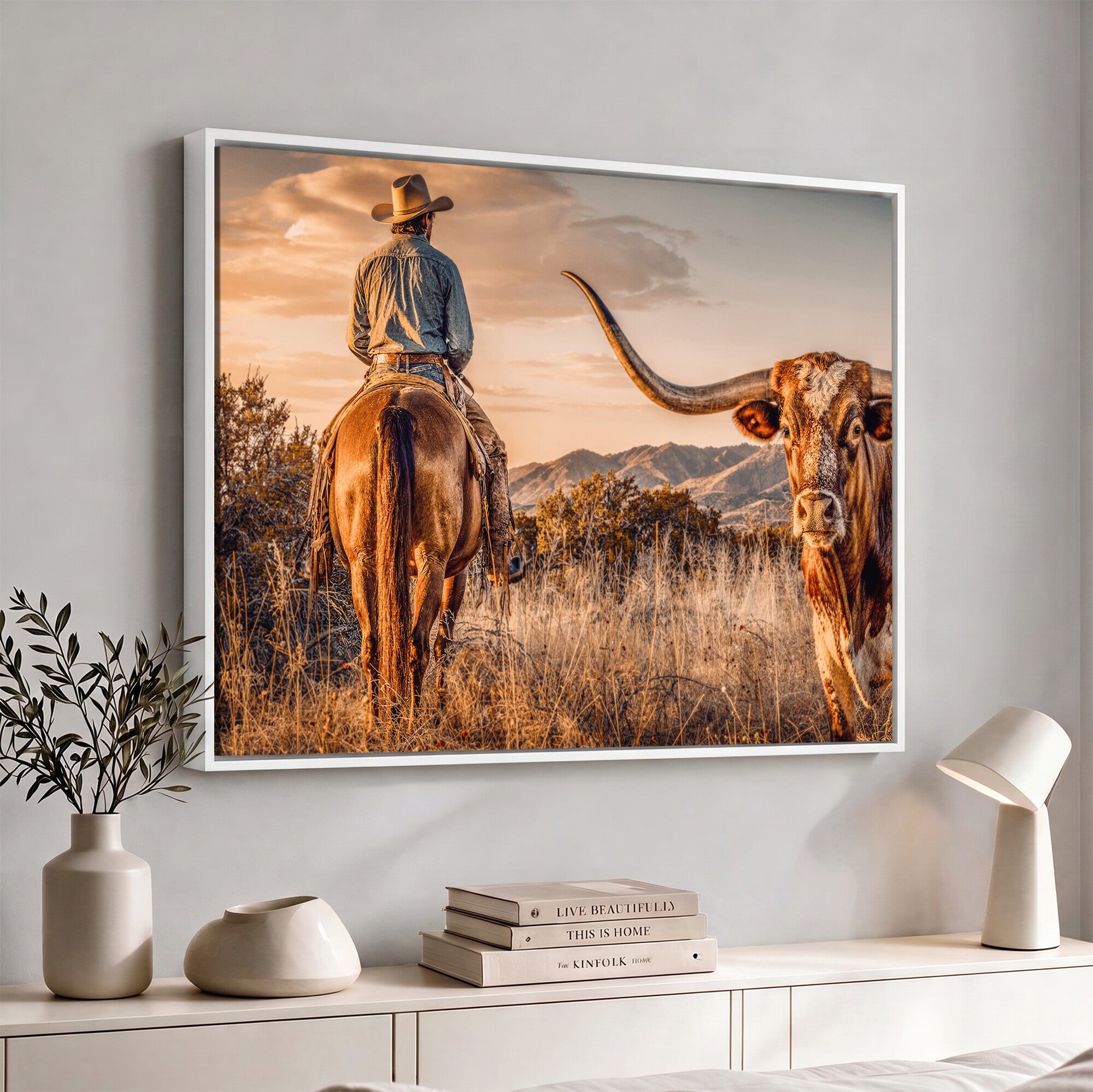 62076449C-MGV-CV-36X24 - Texas Cowboy and Longhorn Bull Print for Western Wall Art Decor for Farmhouse