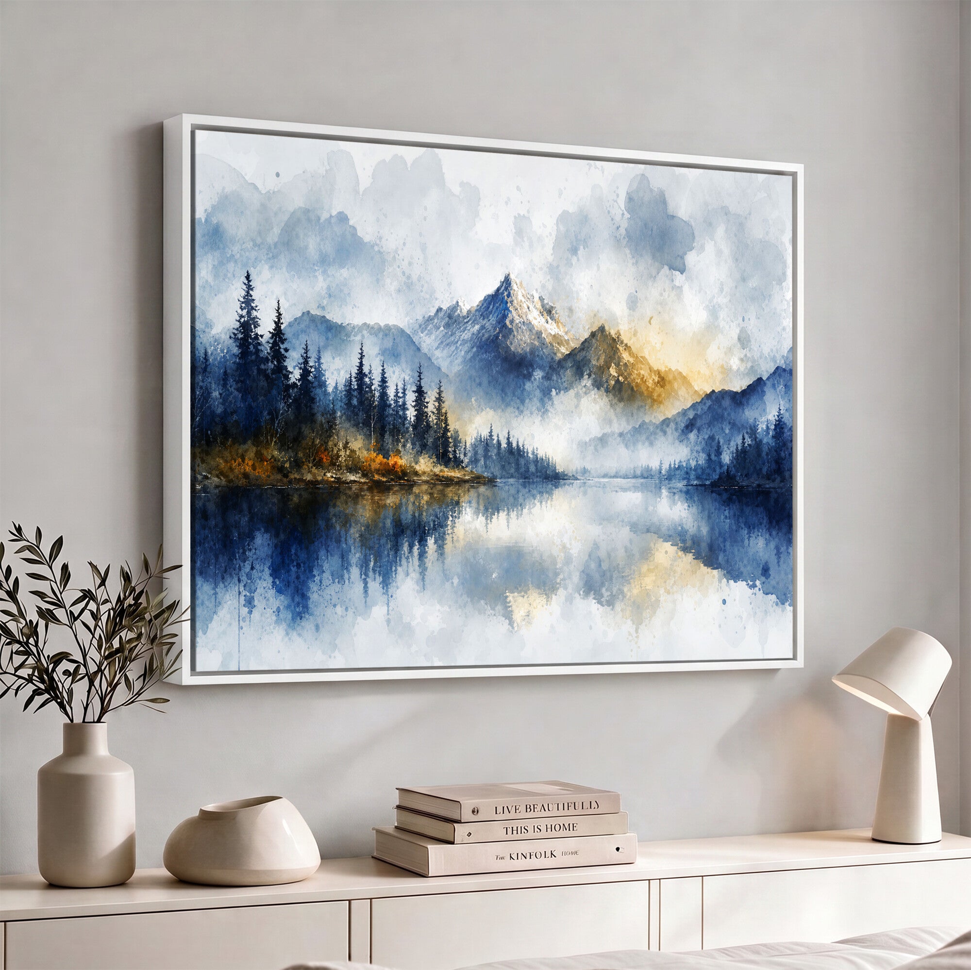 62076449DG-MGV-CV-36X24 - Abstract Watercolor Mountain Lake Wall Art Print for Living Room Decor