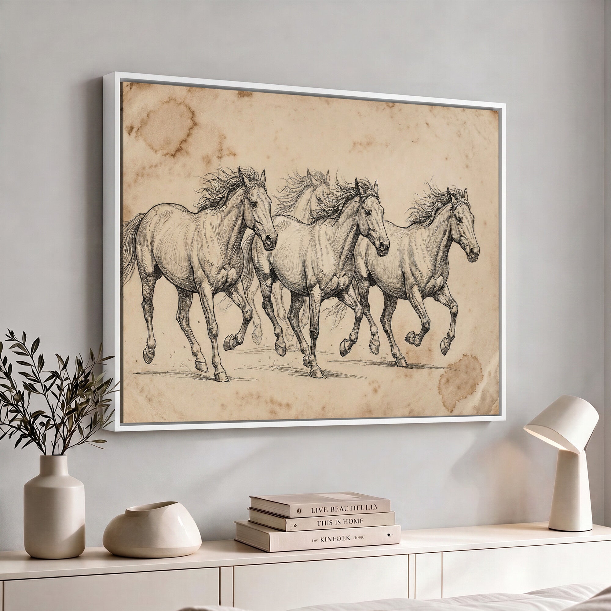 56046981-MGV-CV-36X24 - Sepia Wild Horses Canvas Art, Antique Pencil Drawing Print, Vintage Gallery Wall Decor, Rustic Equestrian Artwork, Traditional Den Gift