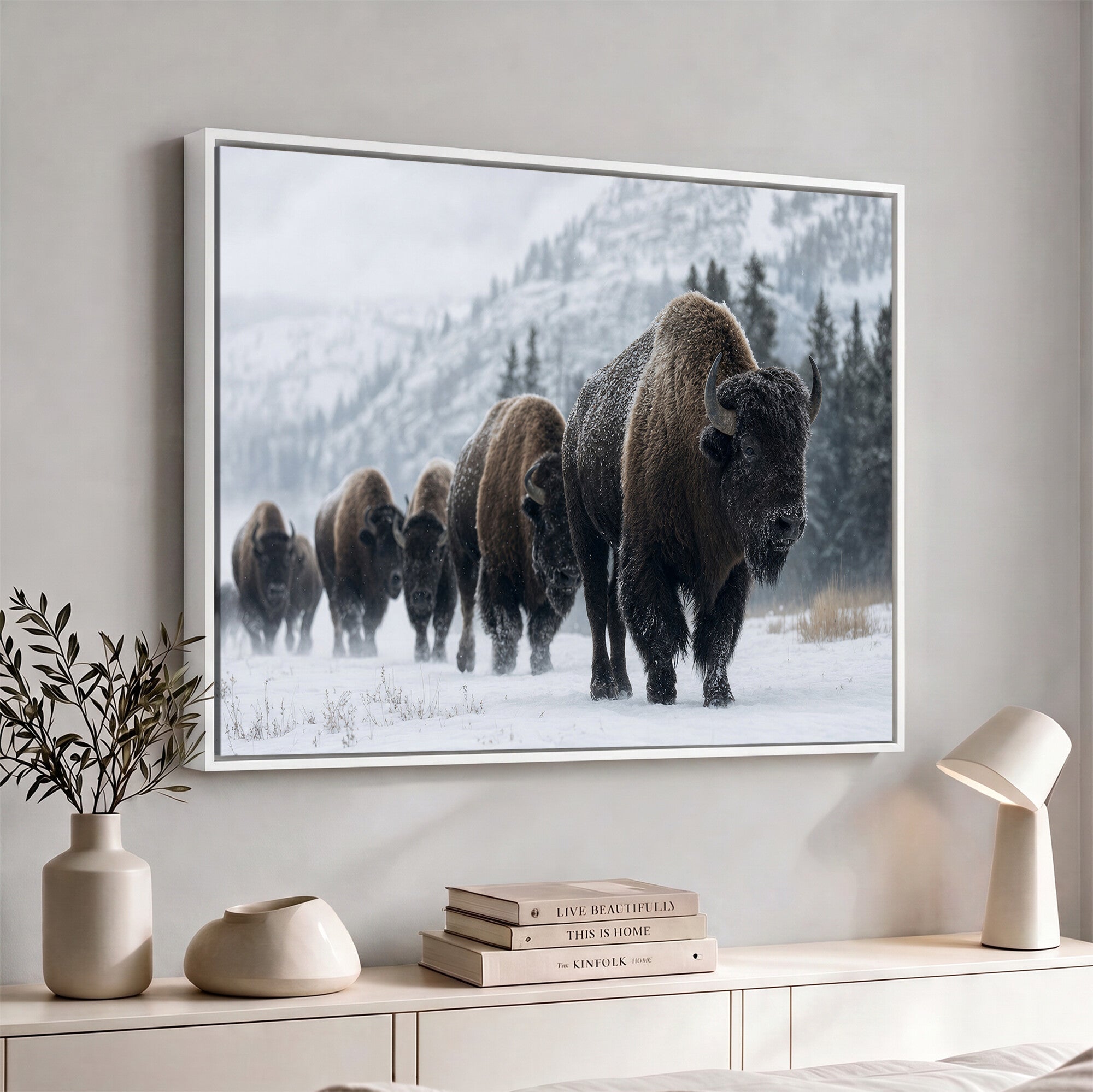 18343289-MGV-CV-36X24 - Rustic Bison Wall Art, American Buffalo Photo Print, Wildlife Canvas Artwork, Snowy Mountain Decor, Large Nature Poster, Cabin Gift Idea