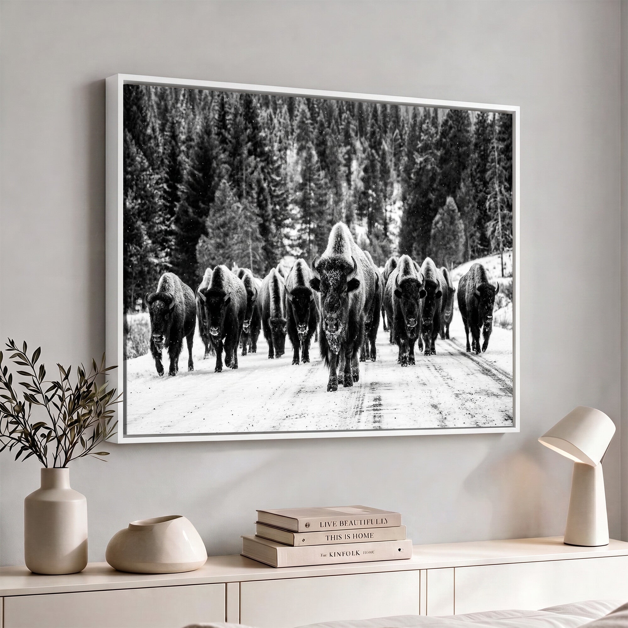 79337077-MGV-CV-36X24 - Black and White Bison Canvas Art, American Buffalo Print, Winter Wildlife Photography, Rustic Forest Wall Decor, Large Statement Nature Gift