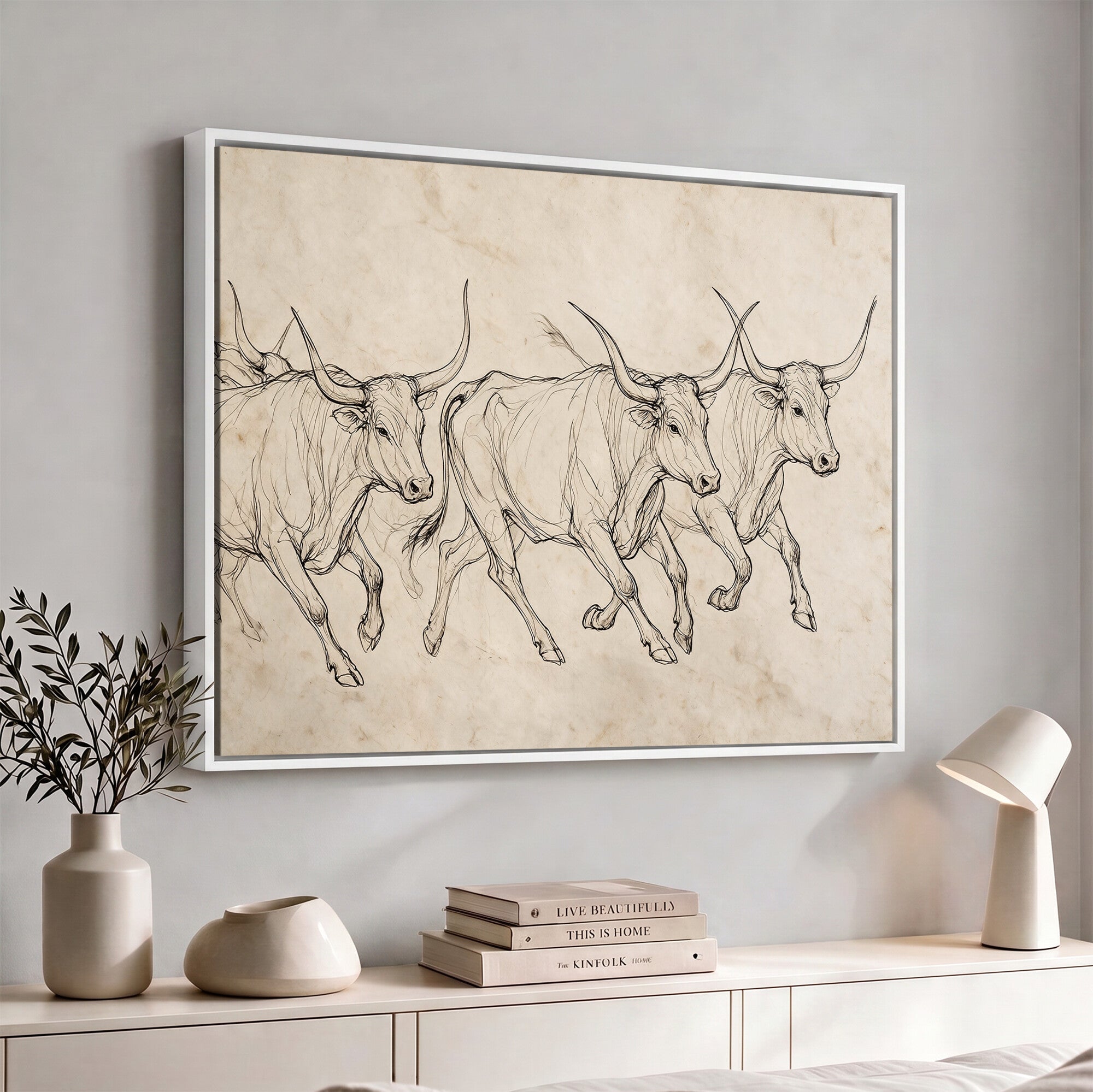 87177621-MGV-CV-36X24 - Minimalist Longhorn Line Art, Modern Texas Bull Canvas Print, Abstract Western Wall Decor, Continuous Line Artwork, Black White Ranch Gift