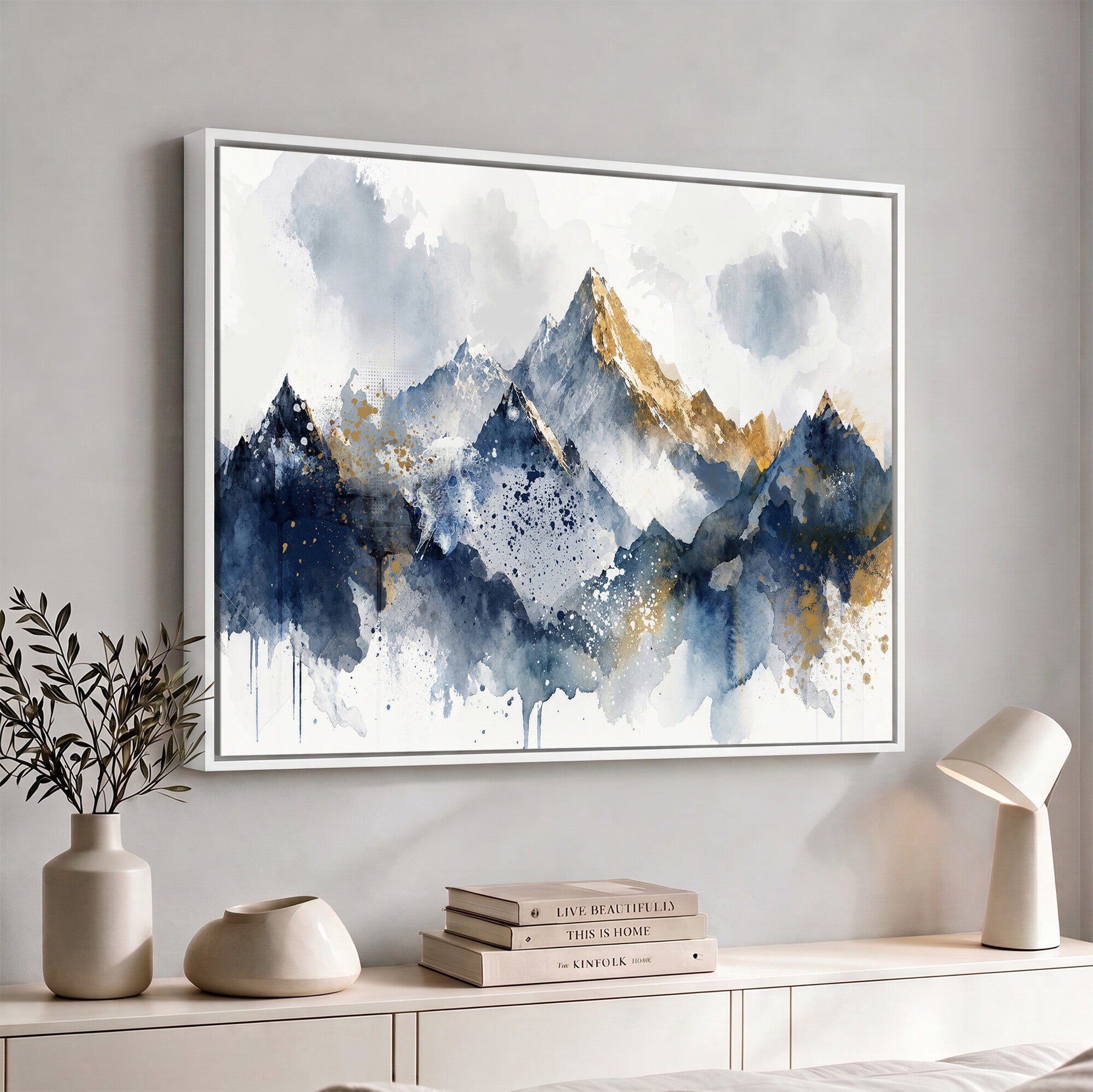87460616-MGV-CV-36X24 - Abstract Mountain Canvas Wall Art, Blue Gold Foil Landscape Print, Modern Indigo Watercolor Poster, Large Abstract Nature, Luxury Office Gift