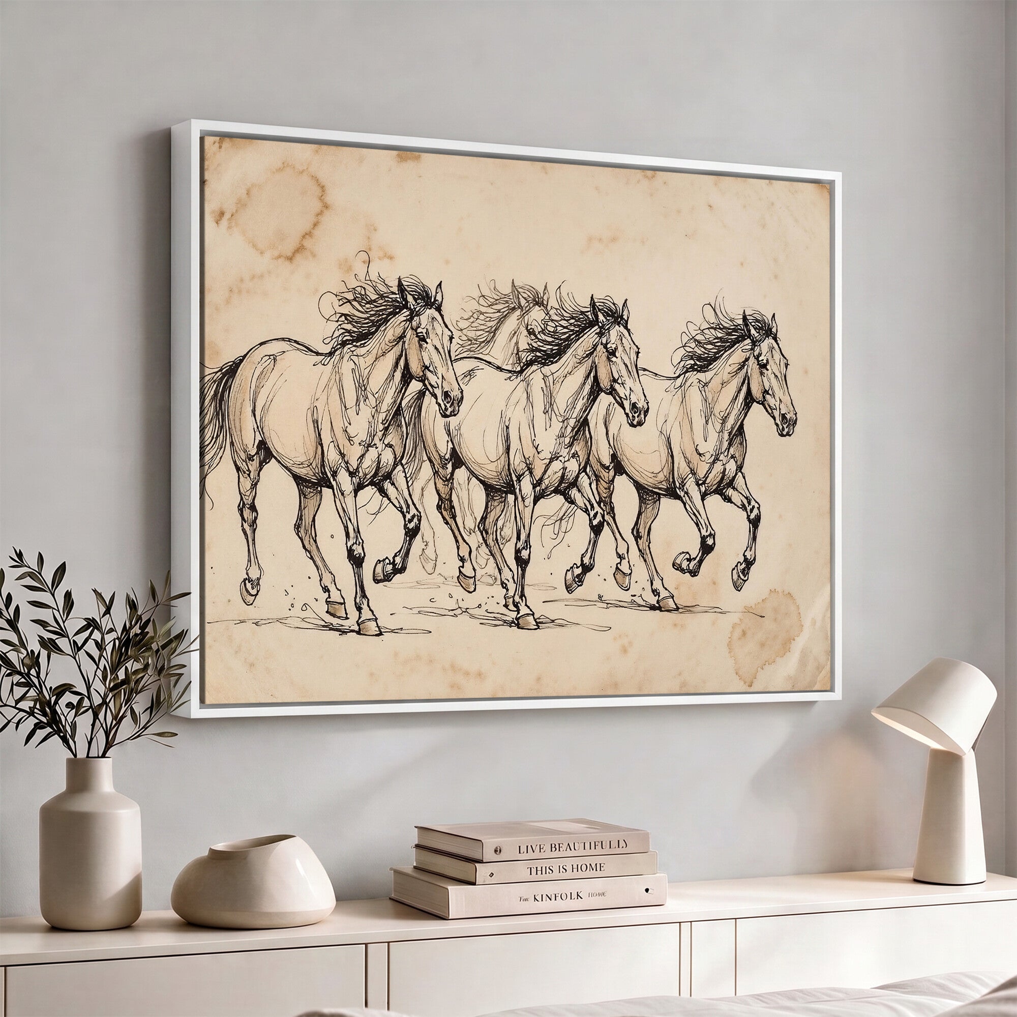 18242163-MGV-CV-36X24 - Vintage Horse Sketch Canvas Wall Art, Wild Horses Pencil Drawing Print, Antique Parchment Western Decor, Equine Sketching, Country Manor Gift