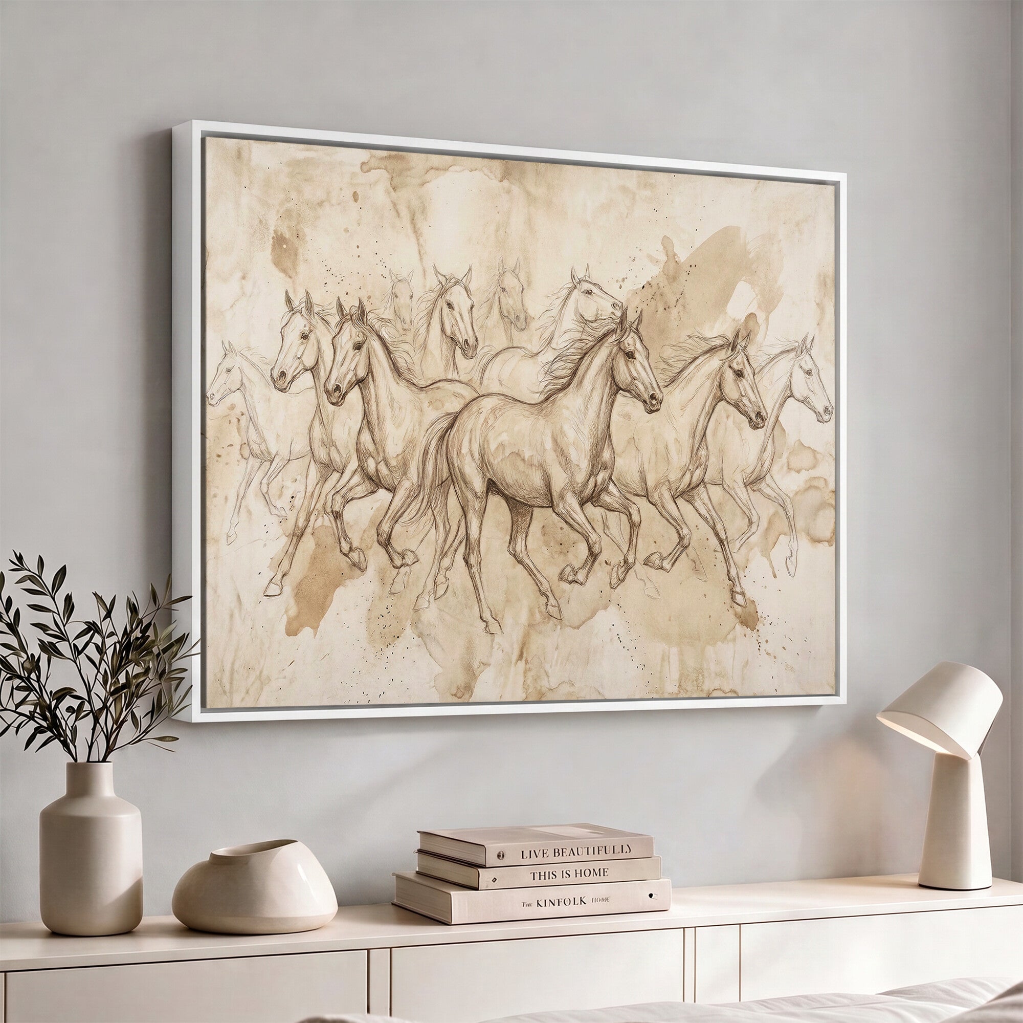 52233469-MGV-CV-36X24 - Vintage Horse Sketch Canvas Wall Art, Wild Horses Pencil Drawing Print, Antique Parchment Western Decor, Equine Sketching, Country Manor Gift