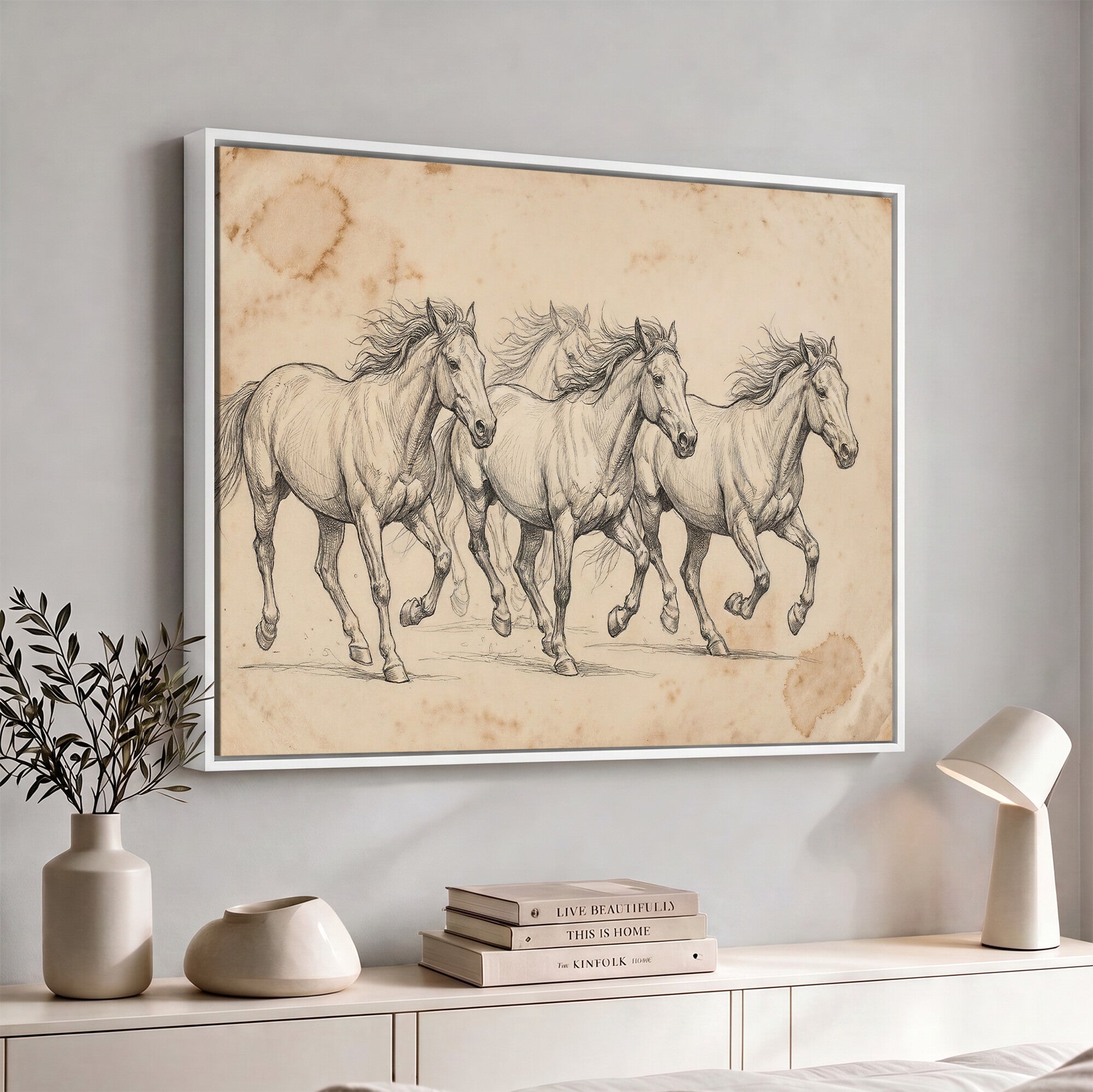 16644391-MGV-CV-36X24 - Vintage Horse Sketch Canvas Wall Art, Wild Horses Pencil Drawing Print, Antique Parchment Western Decor, Equine Sketching, Country Manor Gift