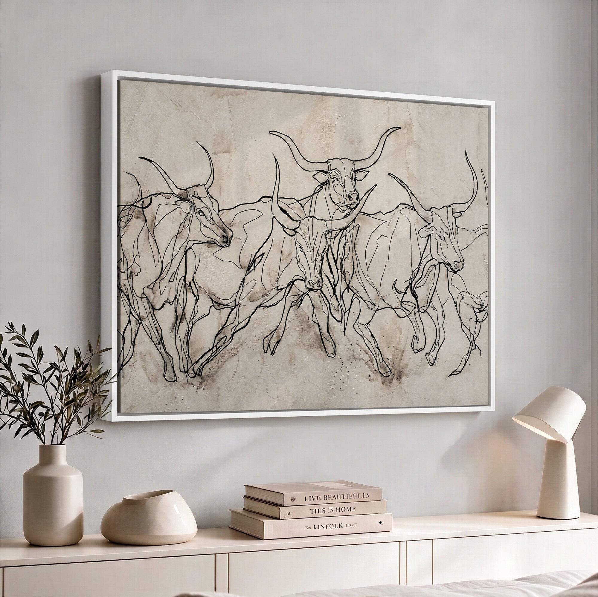 16671245-MGV-CV-36X24 - Minimalist Longhorn Line Art, Modern Texas Bull Canvas Print, Abstract Western Wall Decor, Continuous Line Artwork, Black White Ranch Gift