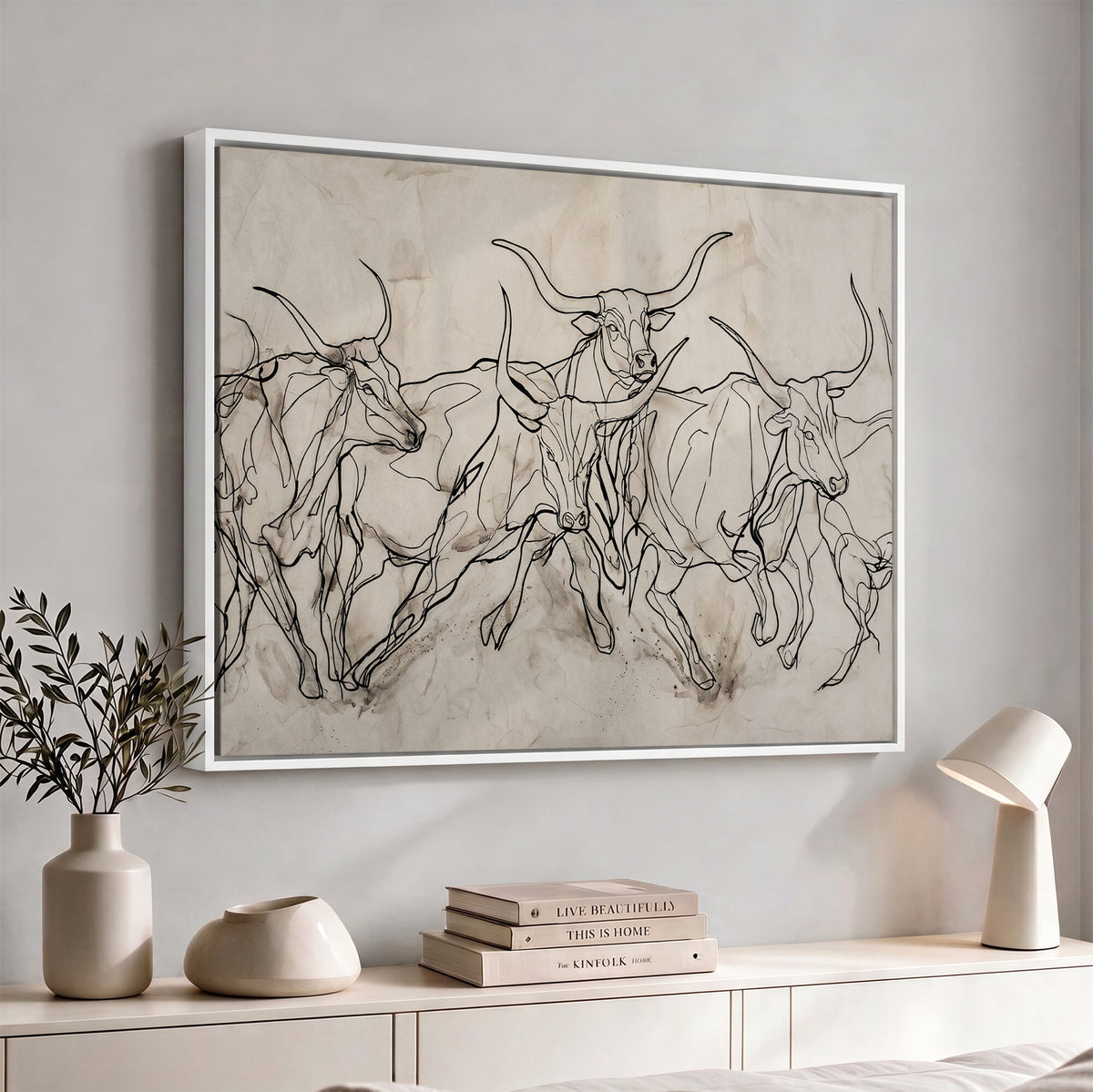 16671245-MGV-CV-36X24 - Minimalist Longhorn Line Art, Modern Texas Bull Canvas Print, Abstract Western Wall Decor, Continuous Line Artwork, Black White Ranch Gift