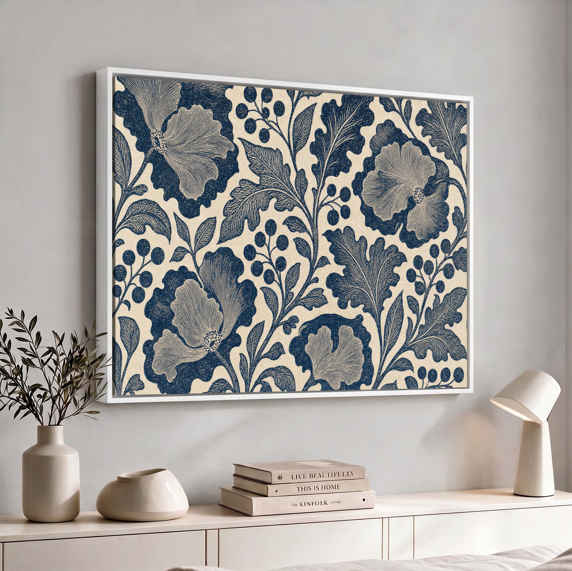 23824002-MGV-CV-36X24 - William Morris Style Navy Blue Floral Wall Art Canvas Print, Vintage Cream Botanical Painting Print
