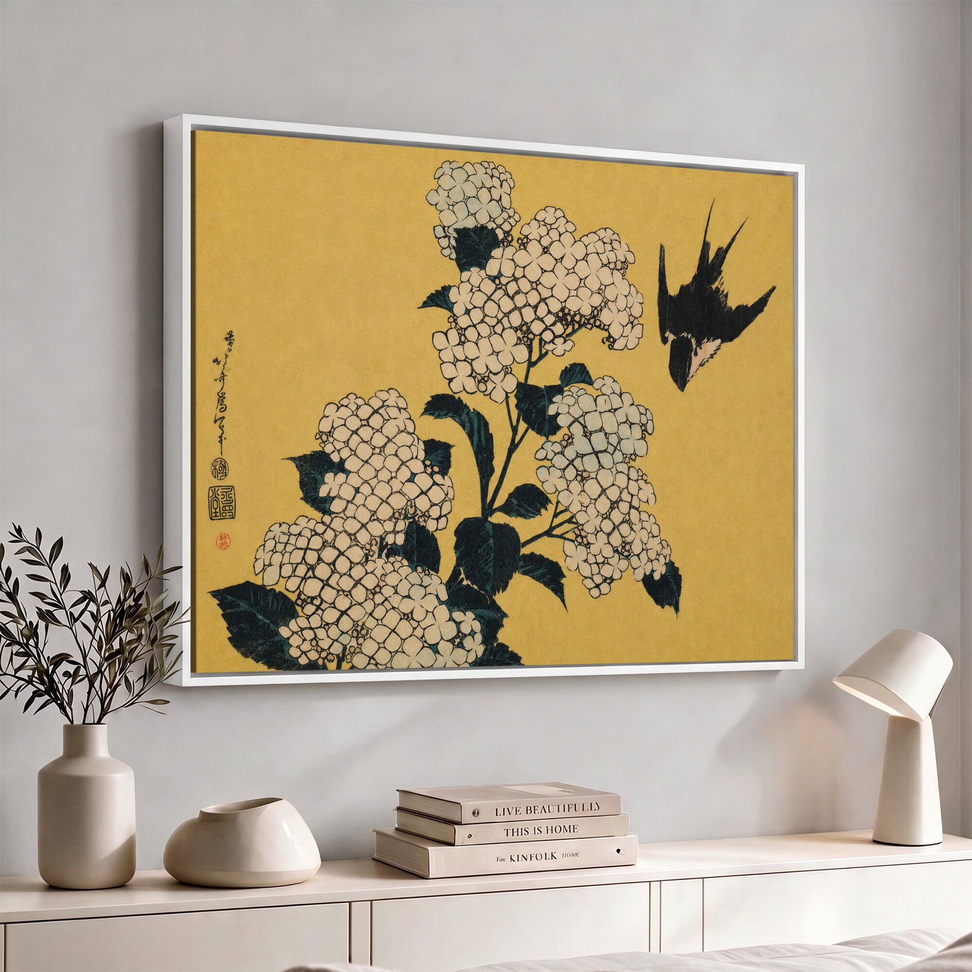 92483501-MGV-CV-36X24 - Katsushika Hokusai Hydrangea and Swallow Wall Art Canvas Print, Japanese Woodblock Painting Print
