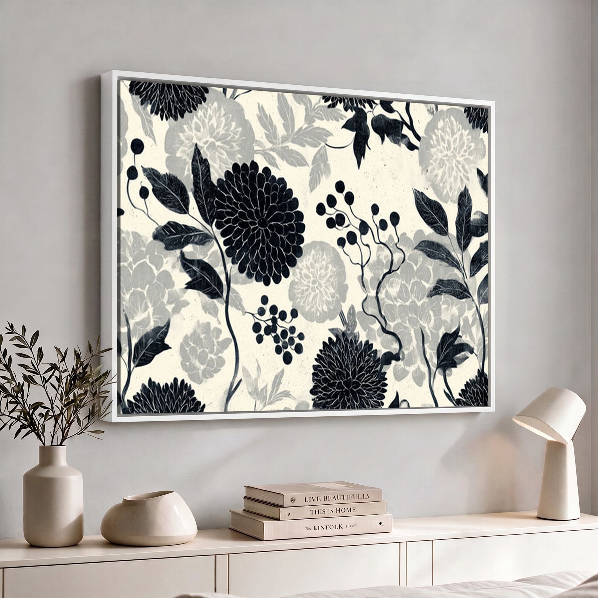 61524791-MGV-CV-36X24 - Vintage Black Chrysanthemum Wall Art Canvas Print, Monochrome Dhalia Floral Painting Print