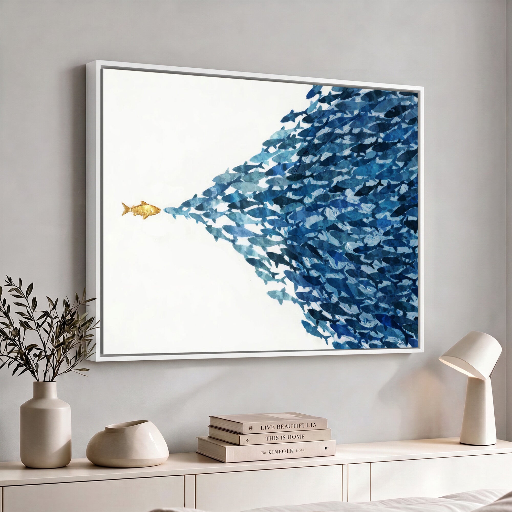 79089639-MGV-CV-36X24 - Abstract Blue Fish School Canvas Wall Art, Gold Foil Accent Marine Print