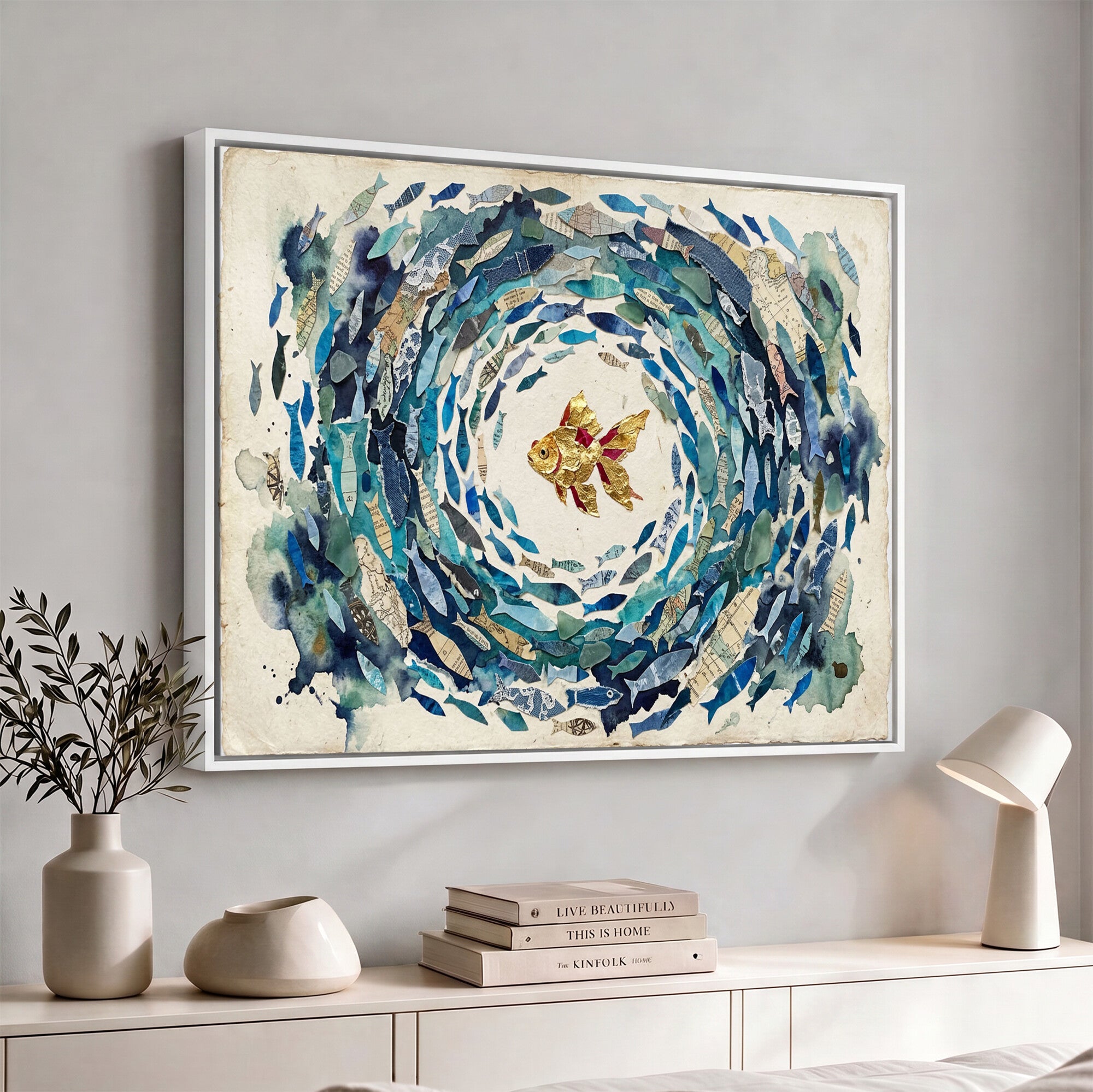73165663-MGV-CV-36X24 - Mixed Media Blue Fish Swirl Canvas Wall Art, Goldfish Collage Ocean Print