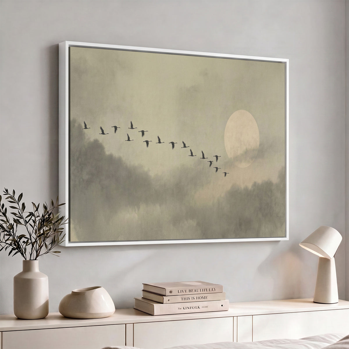 1209814B-MGV-CV-36X24 - Flying Cranes Canvas Wall Art, Misty Landscape with Moon, Sage Green Japandi Decor, Framed Print
