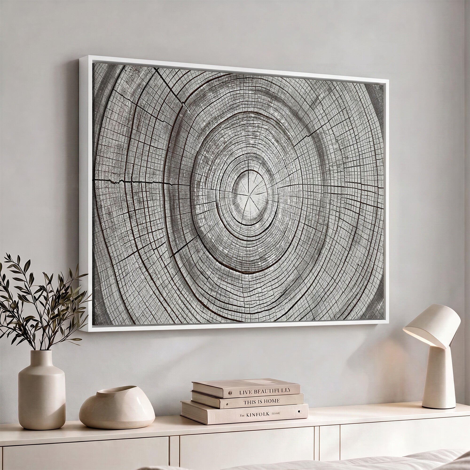 62842388-MGV-CV-36X24 - Rustic Tree Ring Canvas Wall Art, Gray Wood Slice Abstract Nature Print