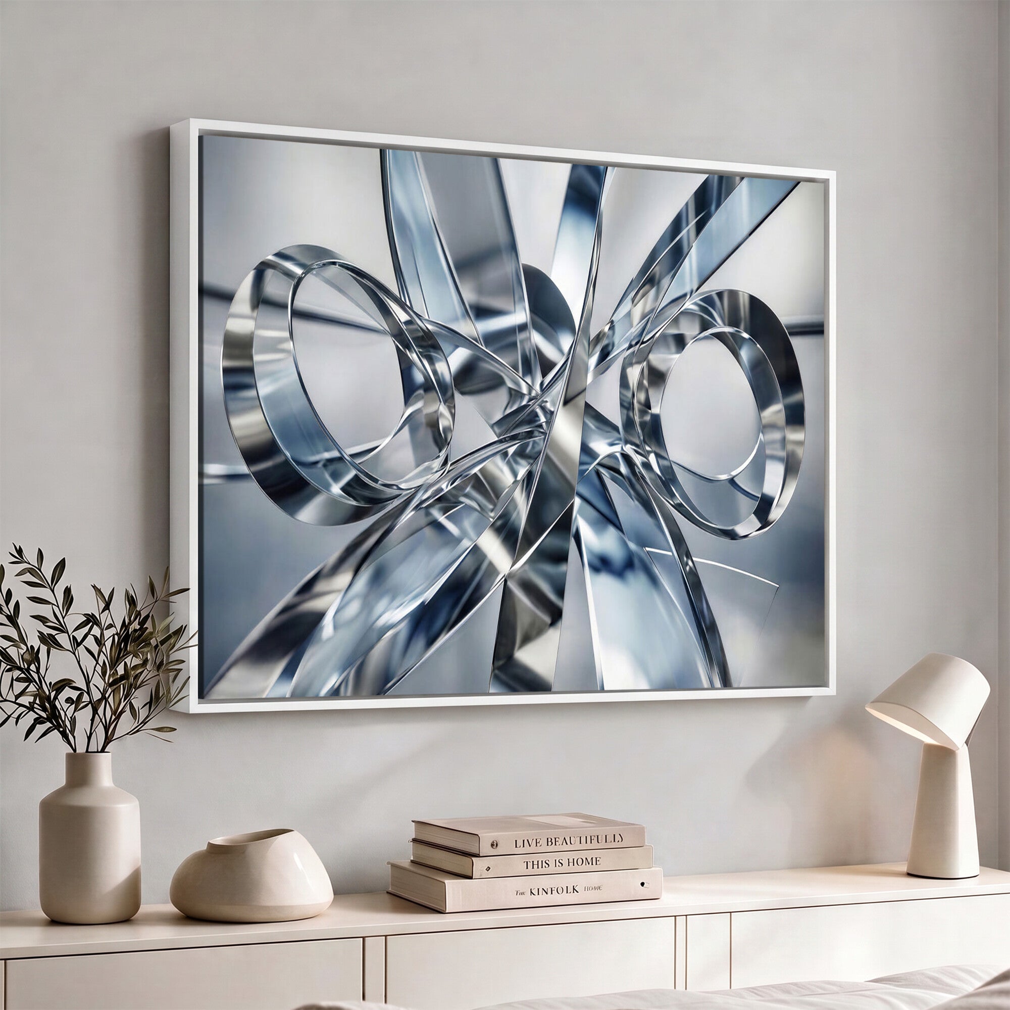 70036312-MGV-CV-36X24 - Modern Chrome Abstract Canvas Wall Art, Futuristic Silver Metallic Print