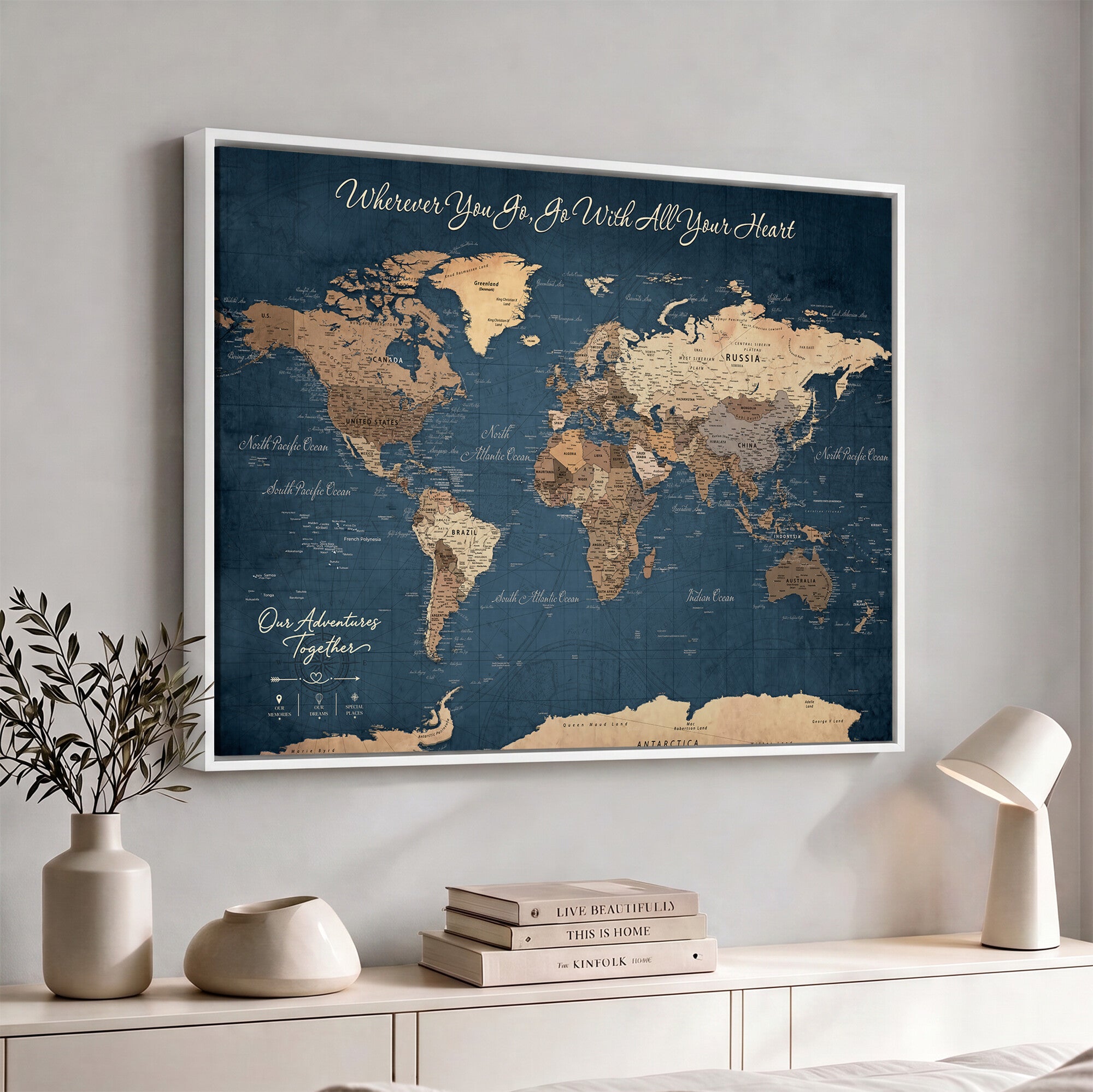 86810631-MGV-CV-36X24 - Our Family Adventures Push Pin World Map Wall Art Canvas Print - Family Travel Tracker Map with Pins