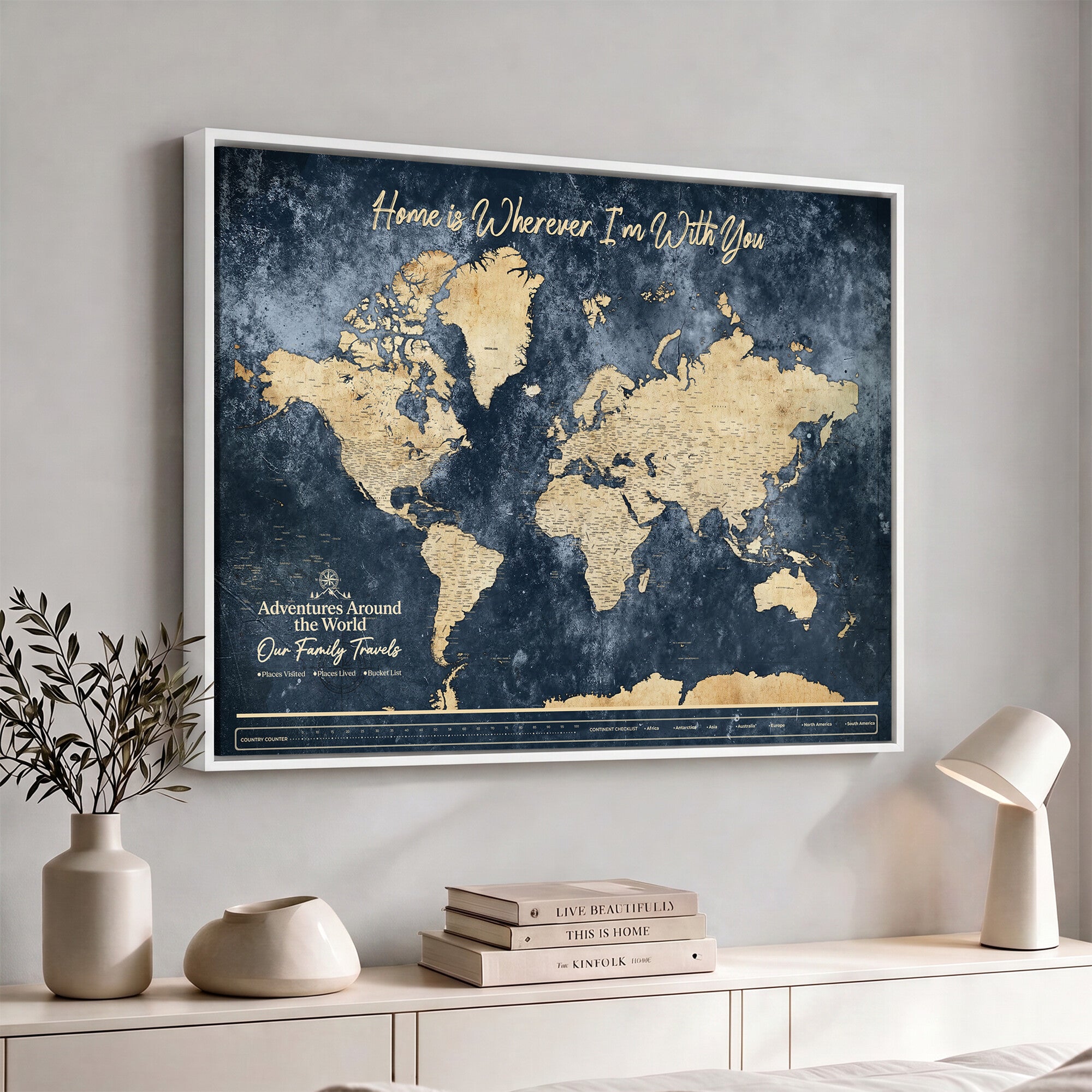 98668848-MGV-CV-36X24 - Our Family Adventures Push Pin World Map Wall Art Canvas Print - Family Travel Tracker Map with Pins